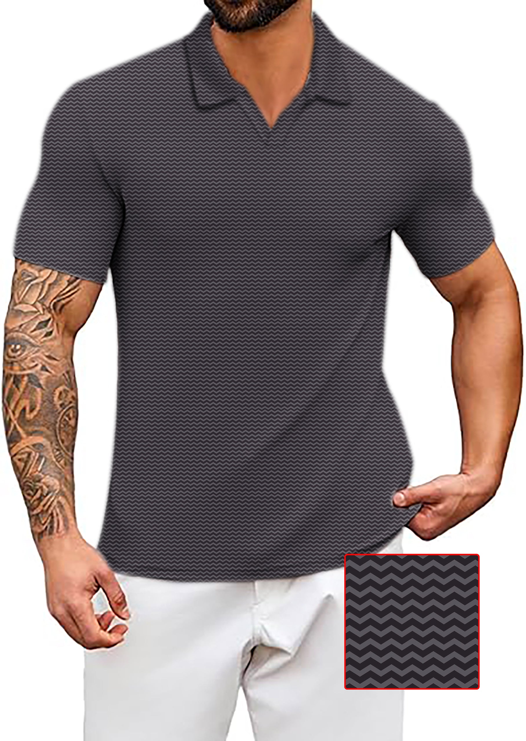 Men's Coconut Palm navy blue ink dots and brown waves polo shirt with four-way stretch and UPF 40+ protection