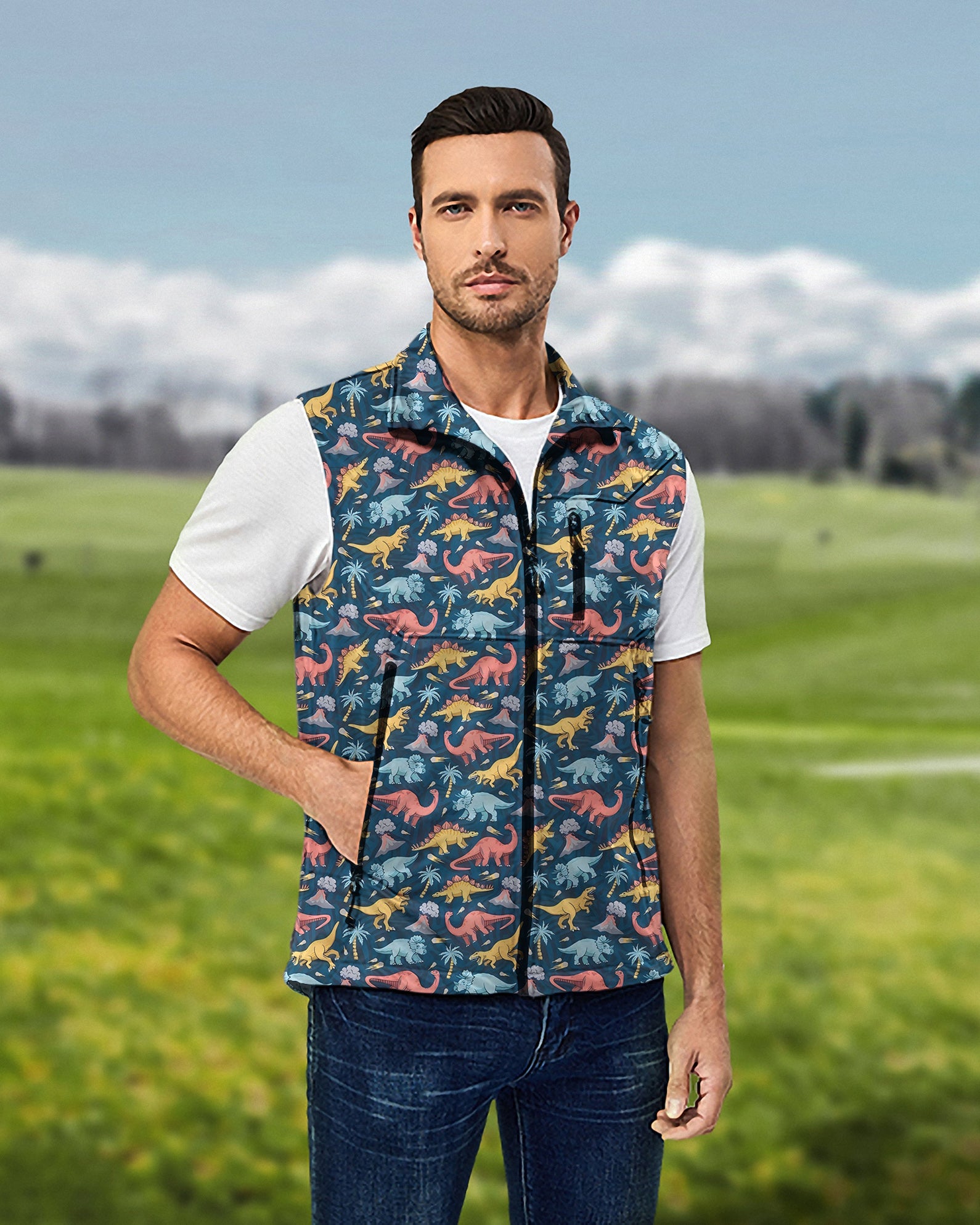Men's Dinosaur World Lightweight Softshell Vest Sleeveless Jacket for Golf Windproof Waterproof