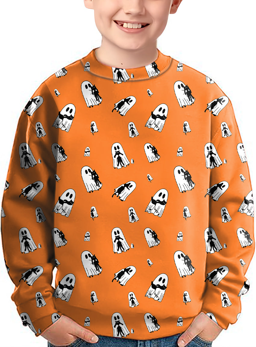 Halloween Ghost Hug Cat Custom The Background Color Crewneck Pullover Kids Ugly Sweater