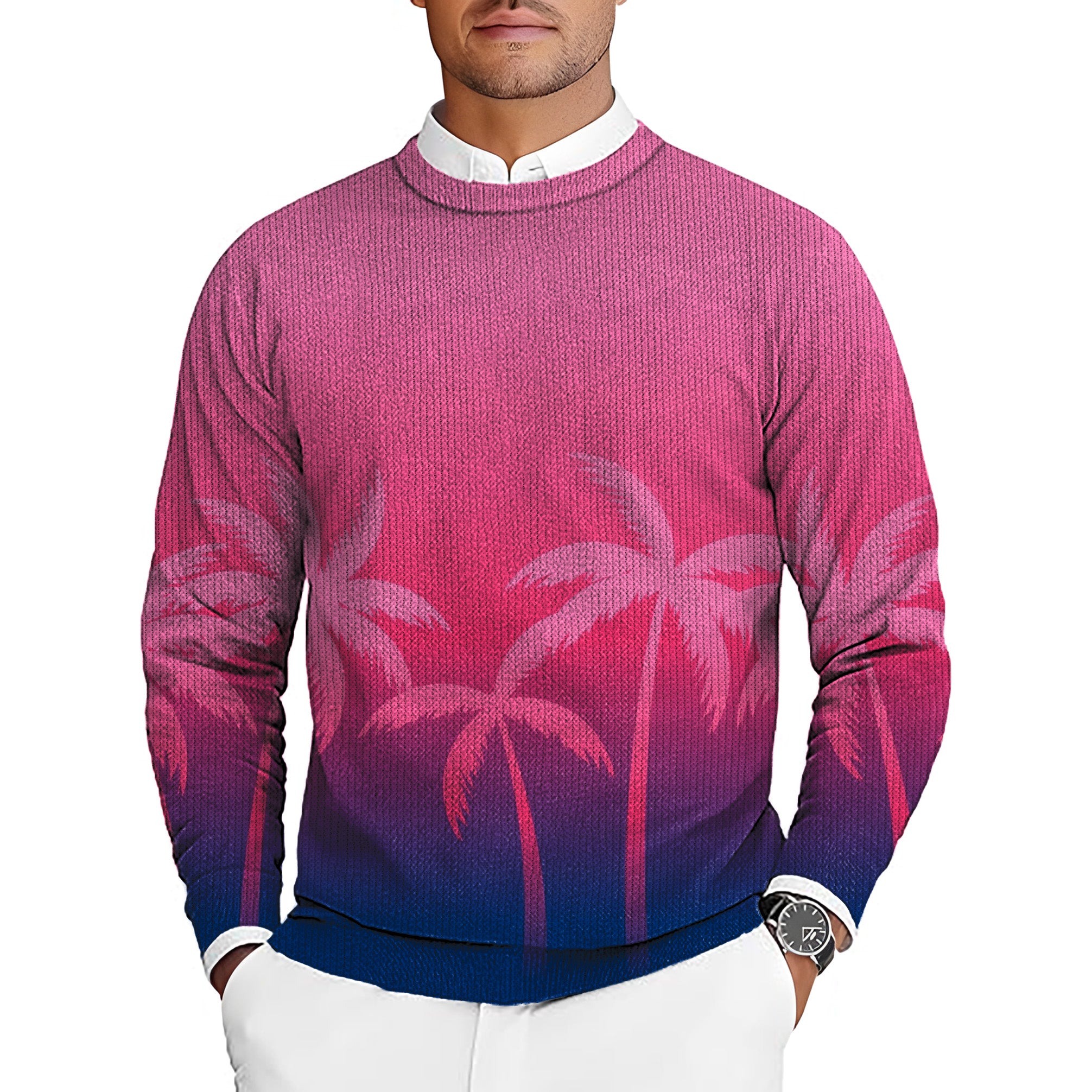 Pink Palm Paradise Men's Golf Crewneck Pullover Sweaters Ugly Sweater