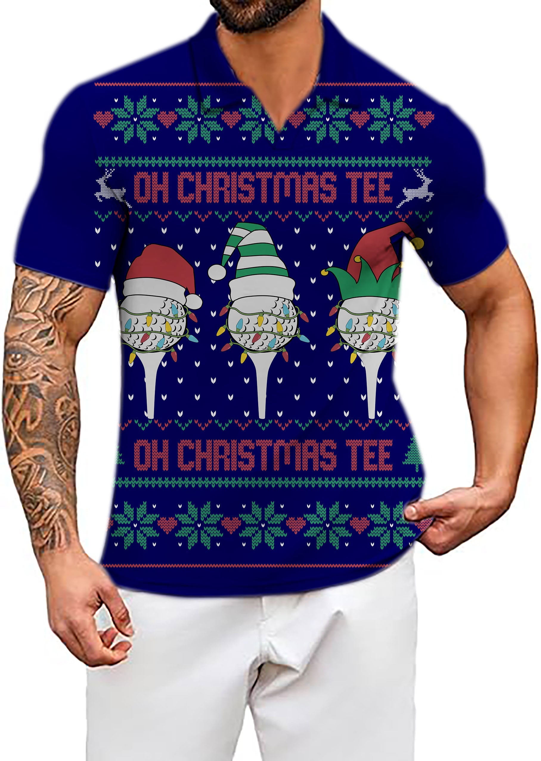 Men's Coconut Palm navy blue Christmas custom face polo shirt with ink dot pattern and festive holiday design