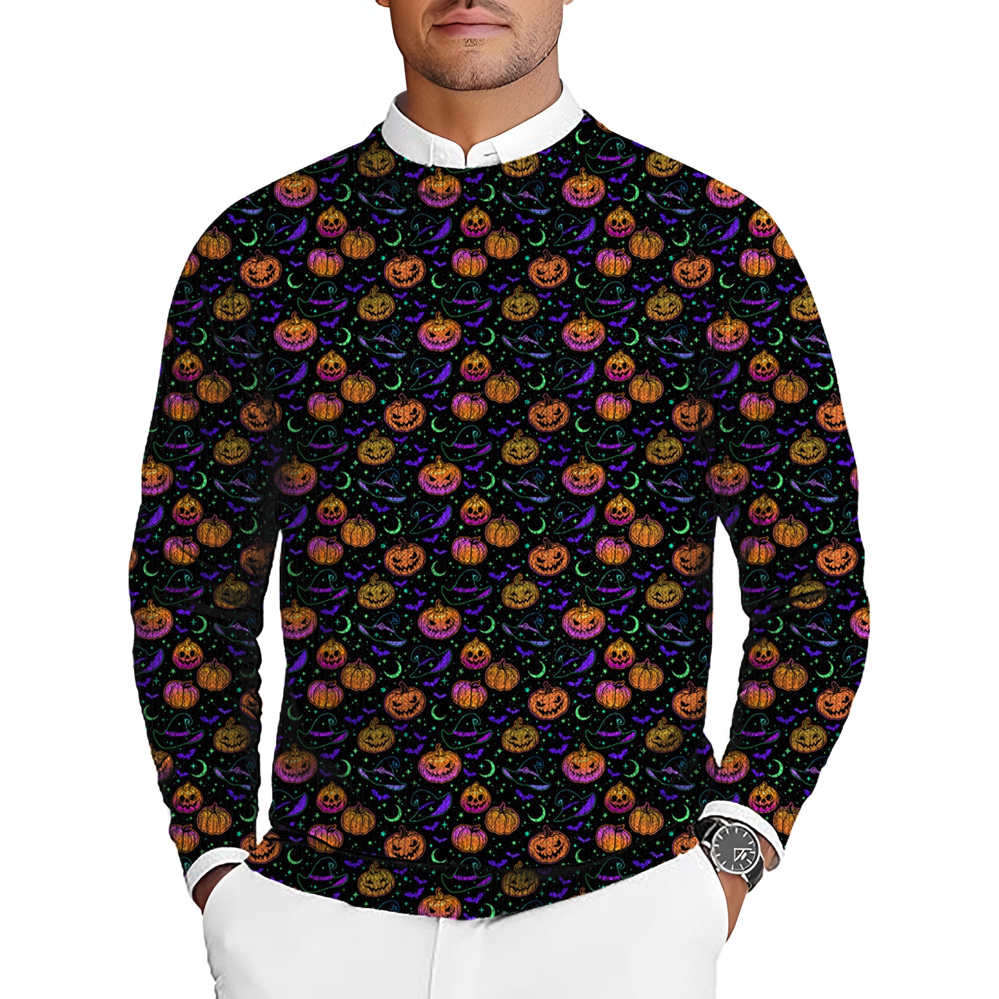 Neon Magical Pumpkin Men's Golf Crewneck Pullover Sweaters Ugly Sweater