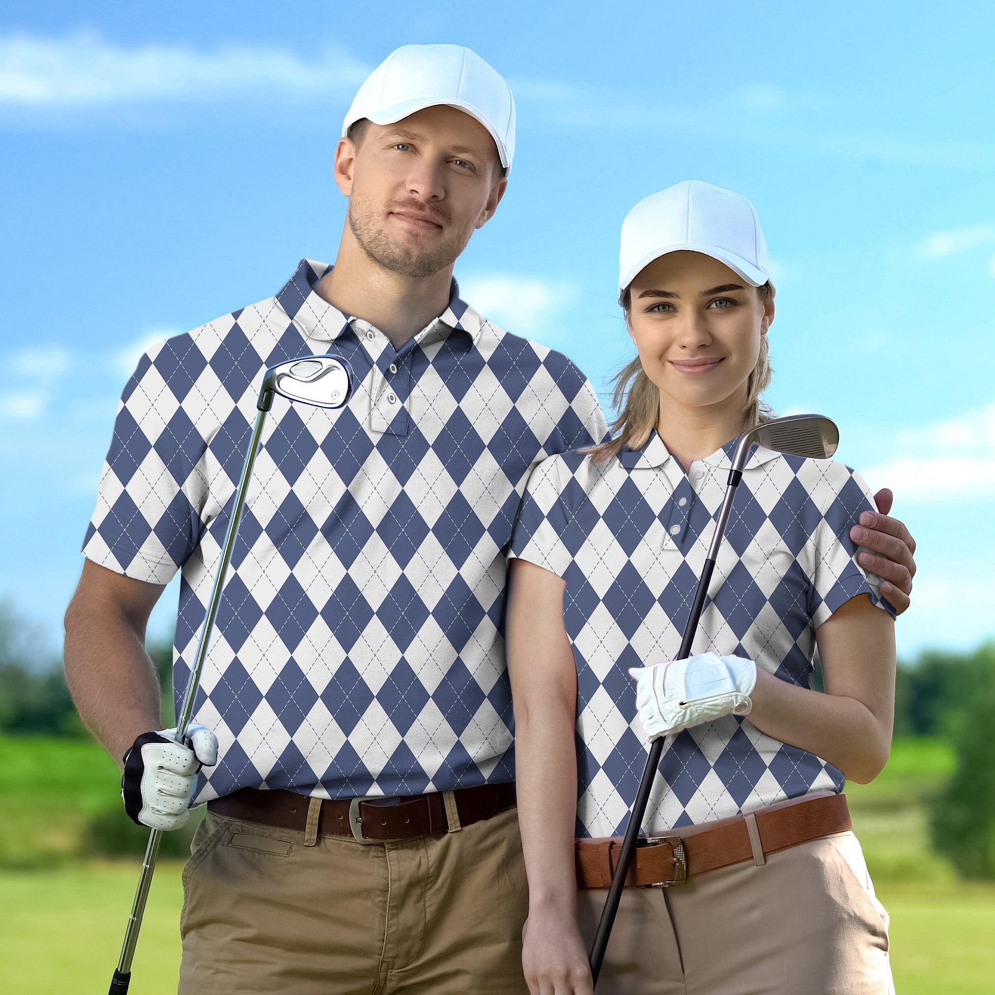 Golf Polo Couple Family set Blue diamond grid tournament