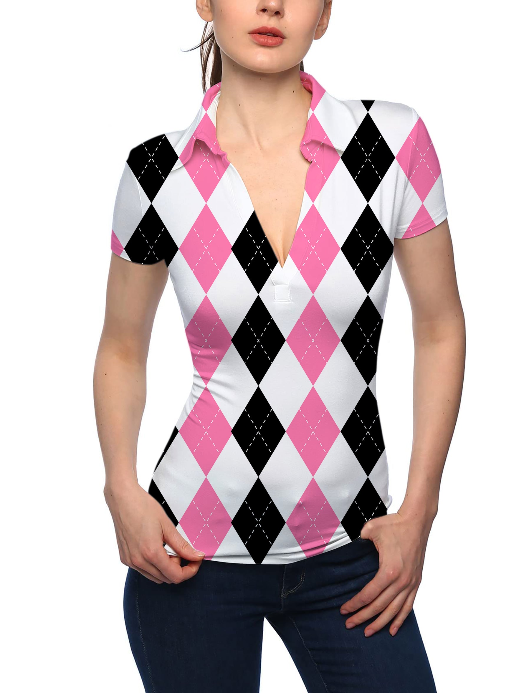 Women's pink black argyle V Neck Golf Polo