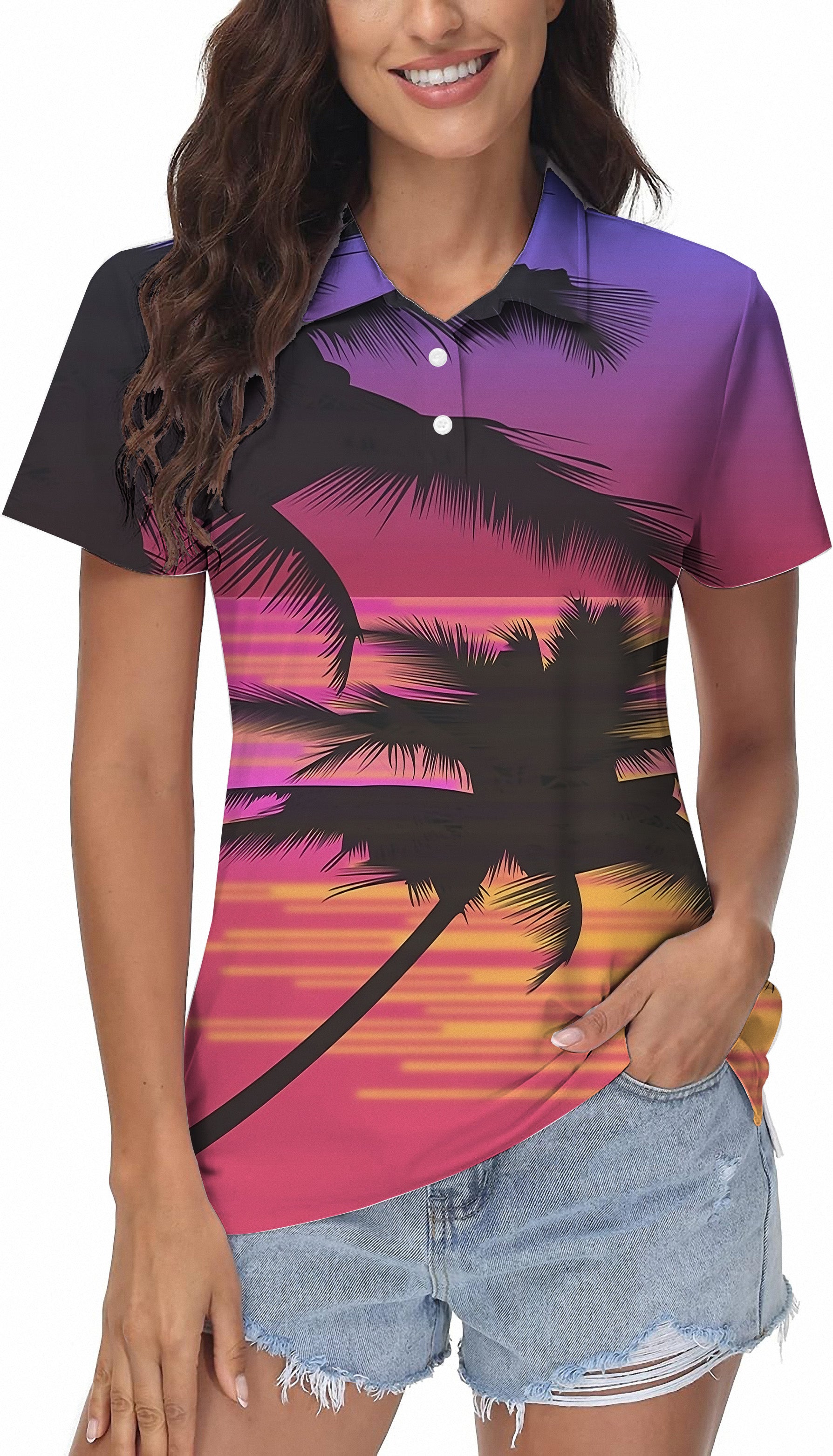 Red Sunset Palm Tree Women's Golf Polo