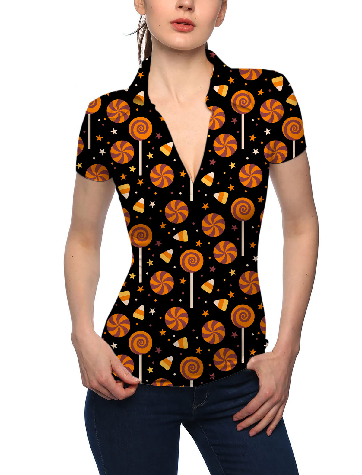 Women's Halloween Lollipops V Neck Golf Polo