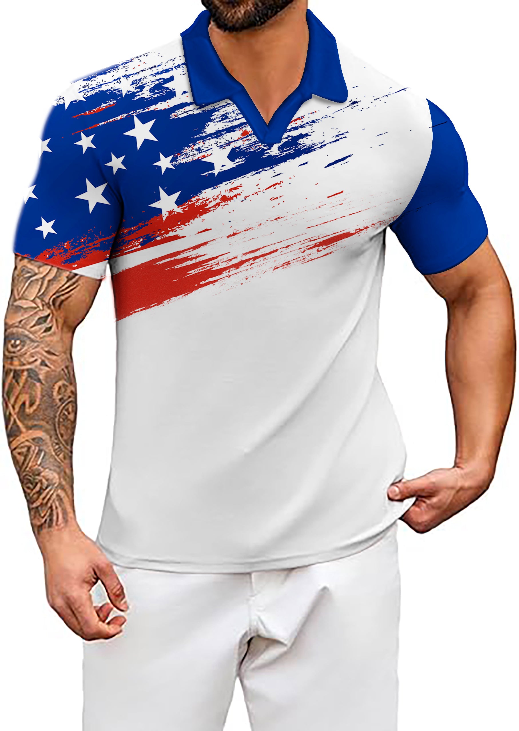 Men's American Flag Doodle V Neck Golf Polo Shirts