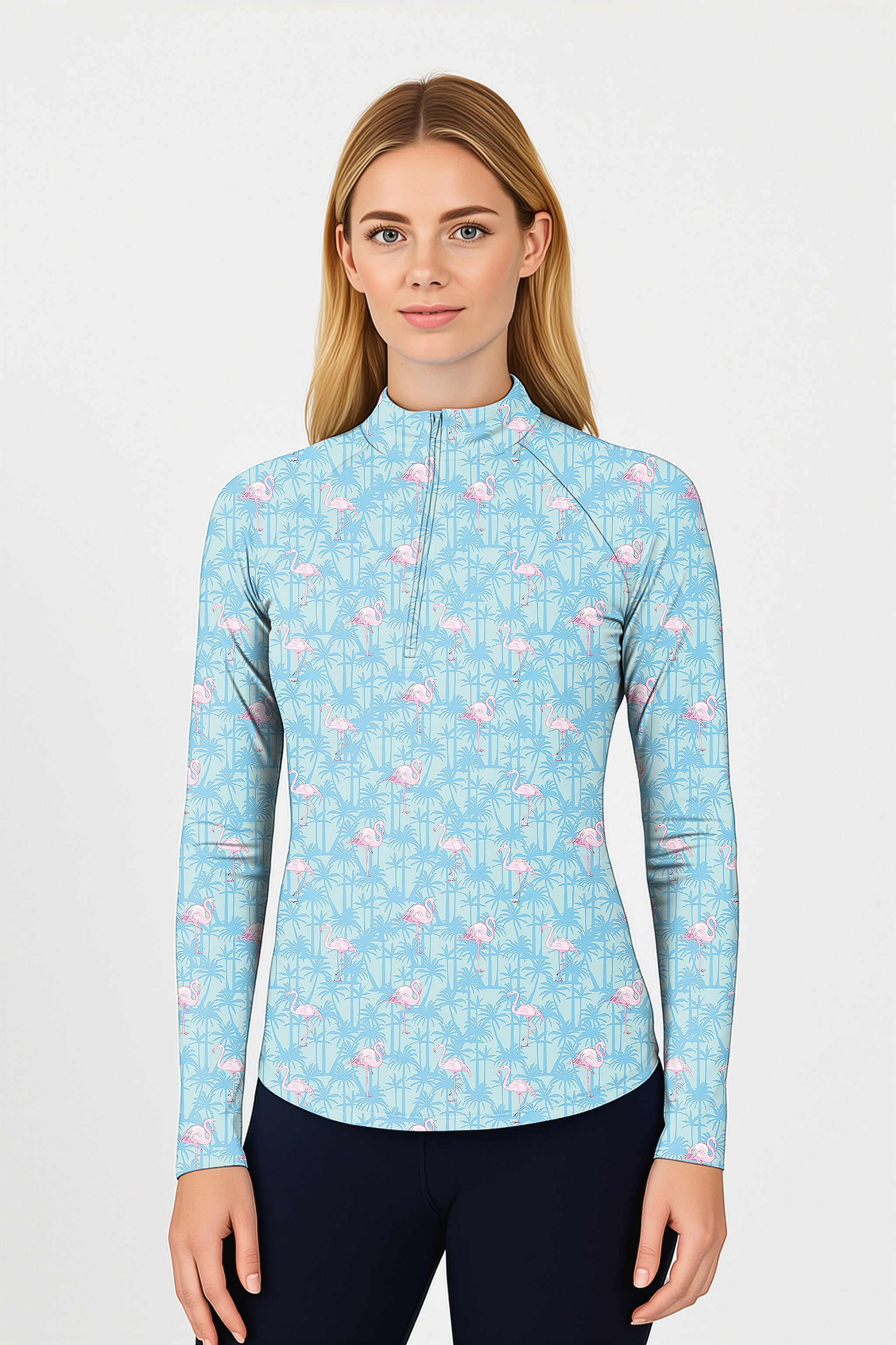 A pale pink flamingo  Women's Golf Active 3/4 Zip Top
