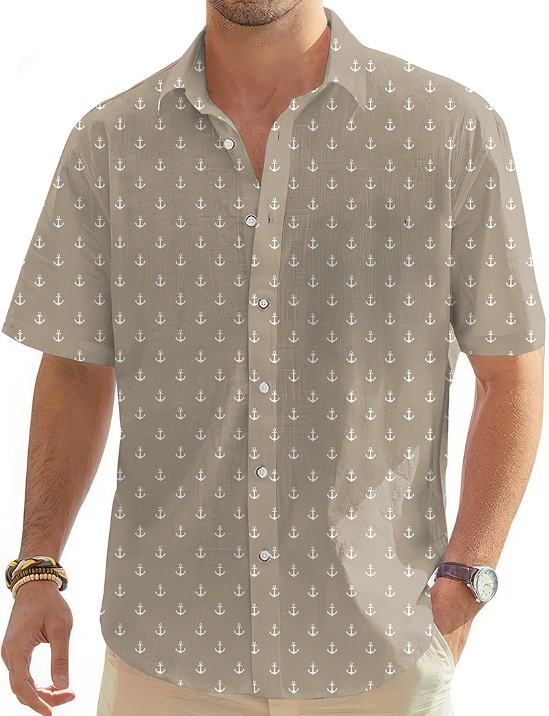 Beige anchor men's short sleeve button-down Hawaiian golf shirt with classic collar and pocket
