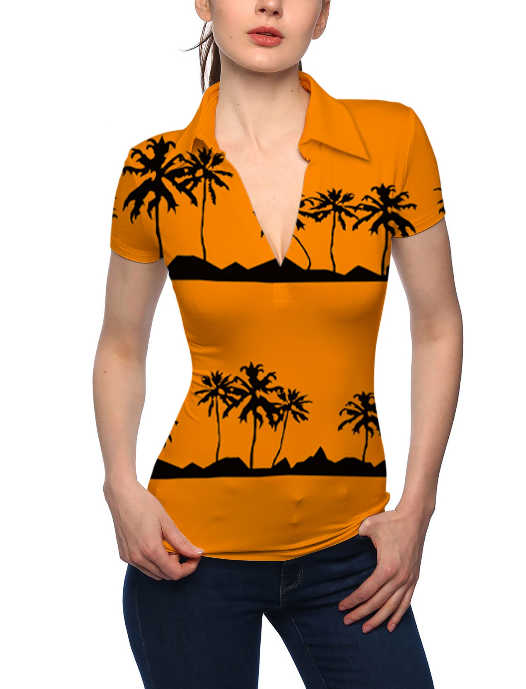 Women's Setting sun and coconut trees V Neck Golf Polo