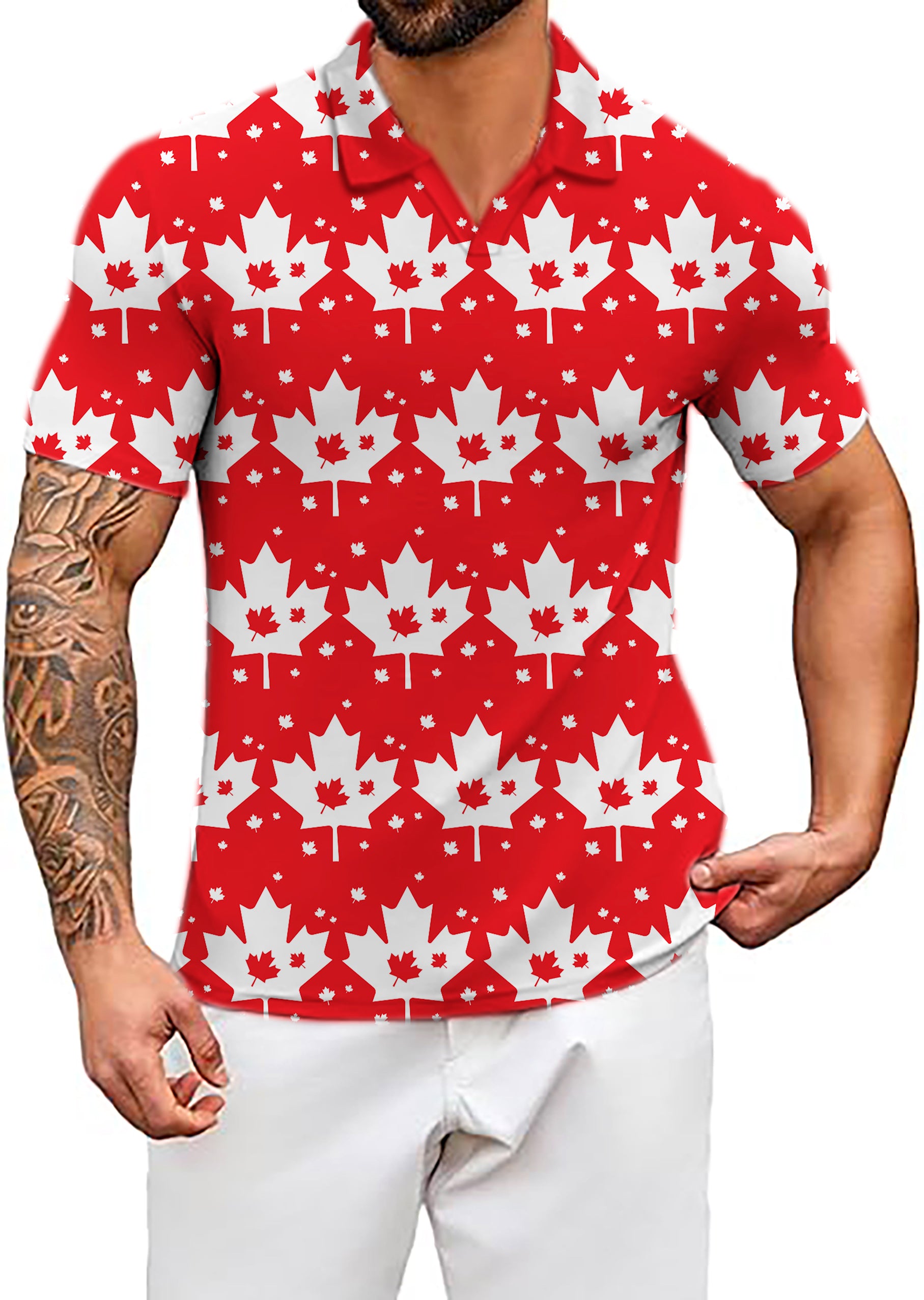 Men's Coconut Palm Canadian Maple Leaf V Neck Golf Polo Shirts