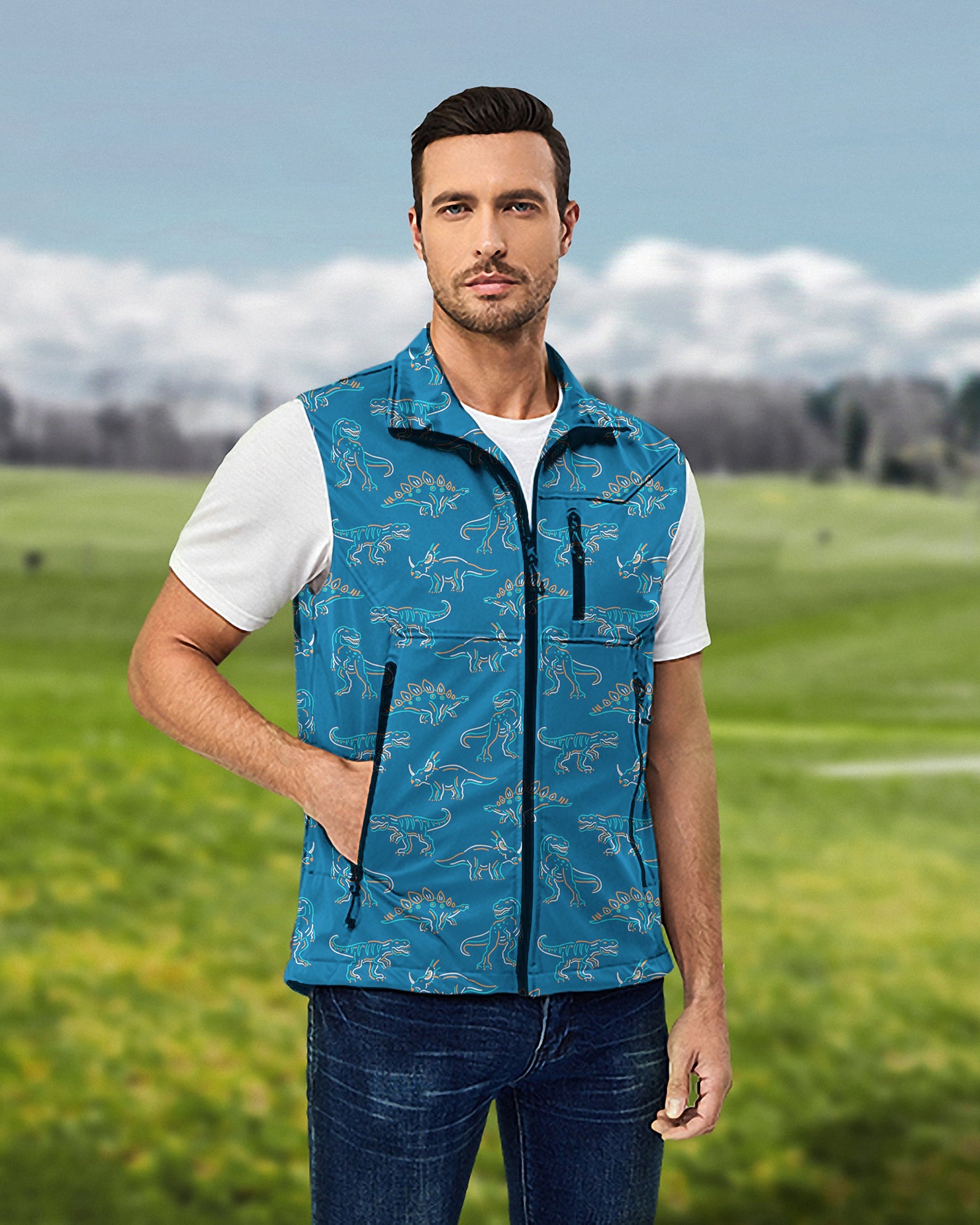 Men's dinosaur Lightweight Softshell Vest Sleeveless Jacket for Golf Windproof Waterproof