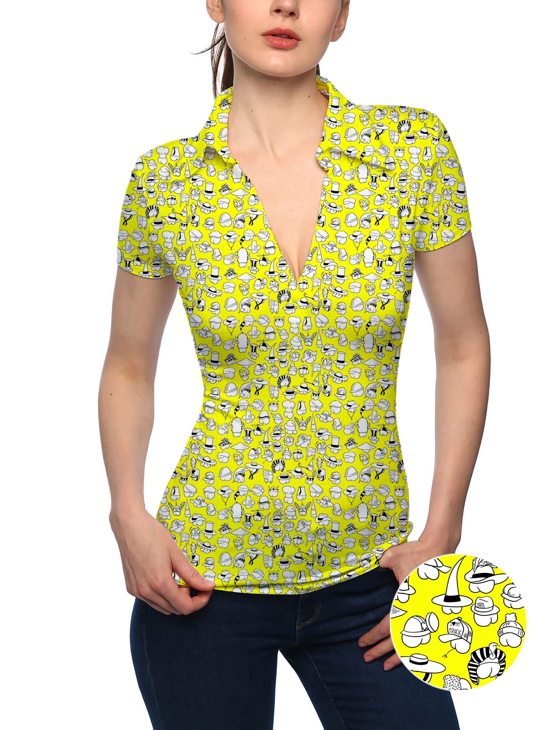 Women's Yellow Versatile Hips Designer style V Neck Golf Polo
