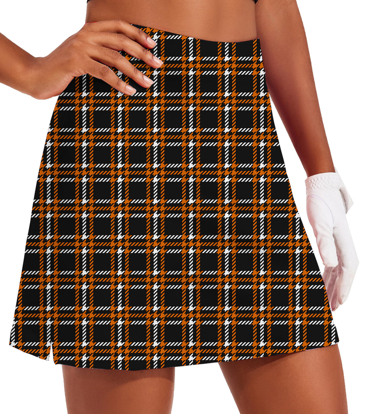 Women's -Halloween black yellow white grid Golf Skirts Inner Shorts Pocket