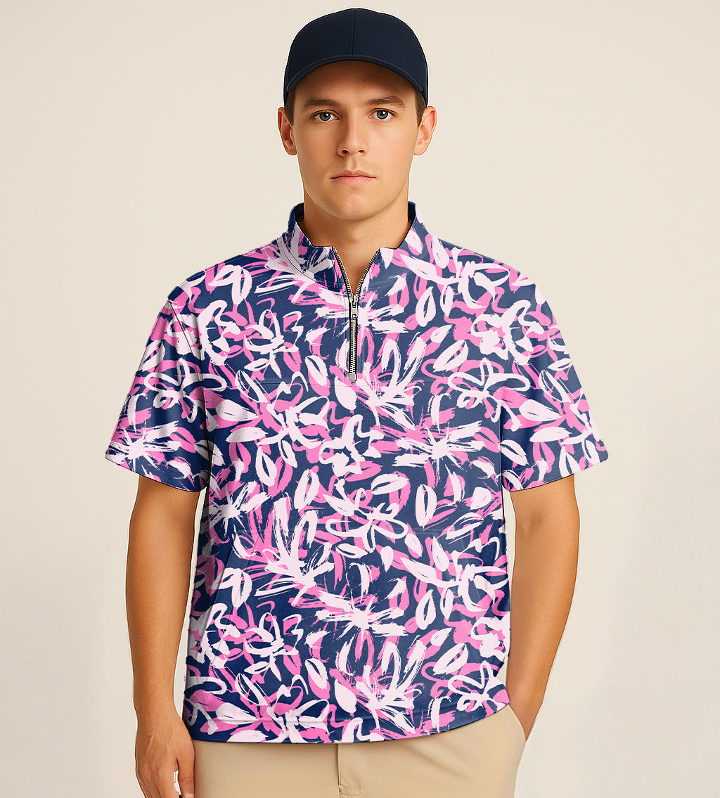 half zipper turtleneck golf shirt with floral embroidery and short sleeves worn by man