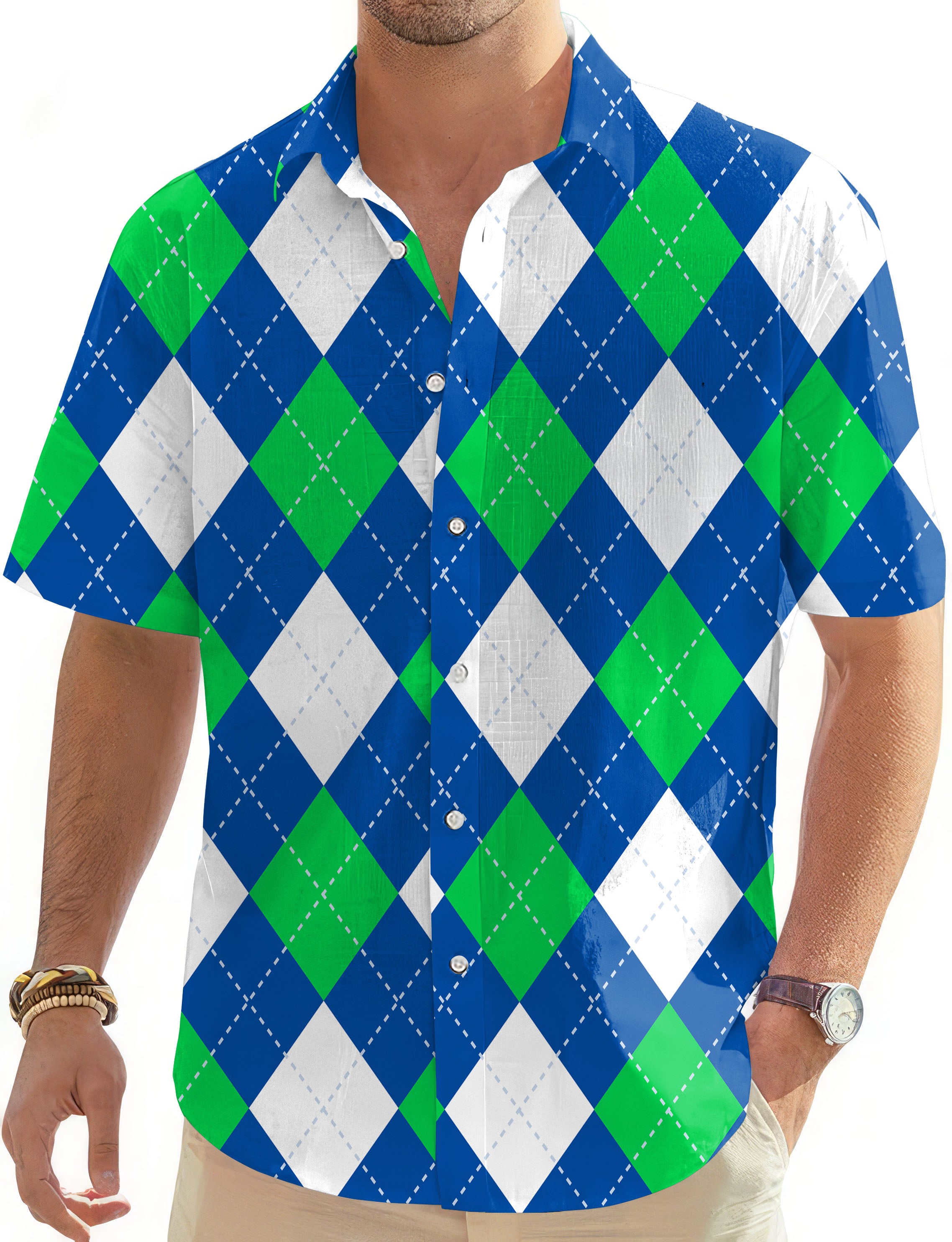 Argyle green blue-Men's Golf Hawaiian Shirts Button Down Shirt