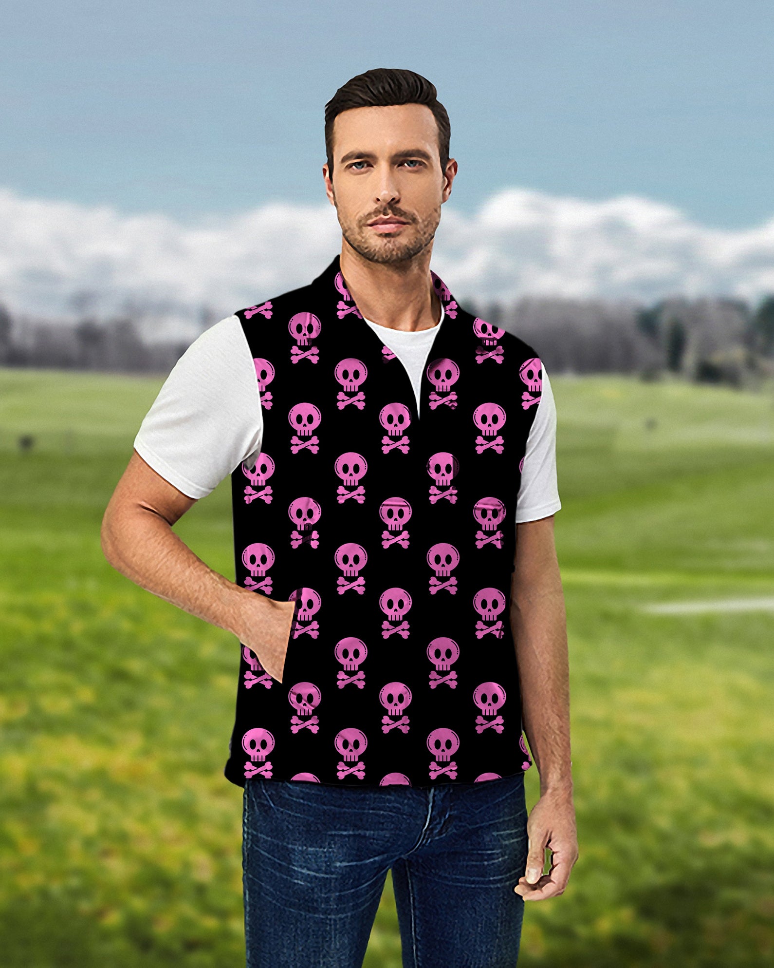 Men's Halloween Punk Skull Lightweight Softshell Vest Sleeveless Jacket for Golf Windproof Waterproof