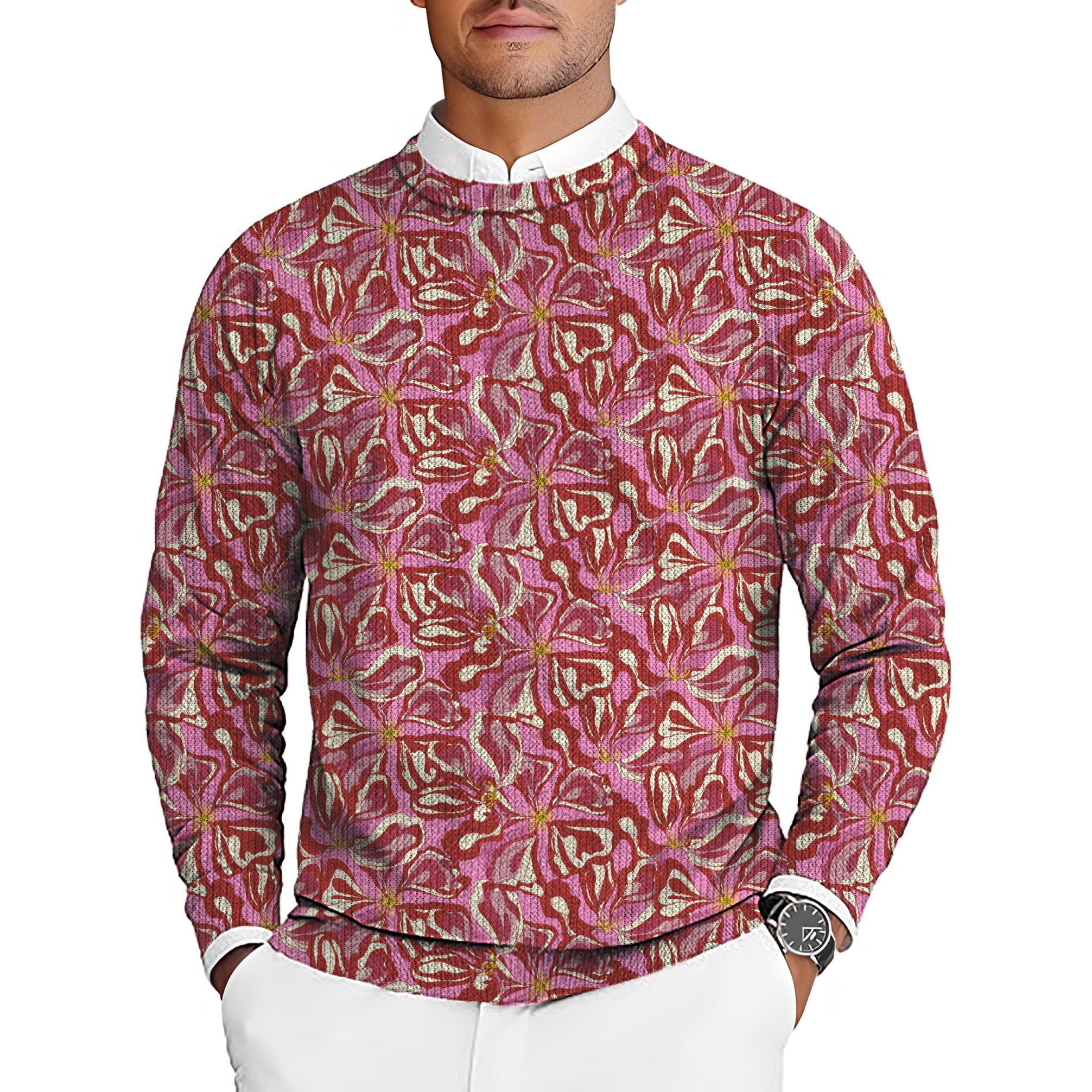 Sunset Blossom Men's floral golf crewneck pullover sweater with pink and red pattern
