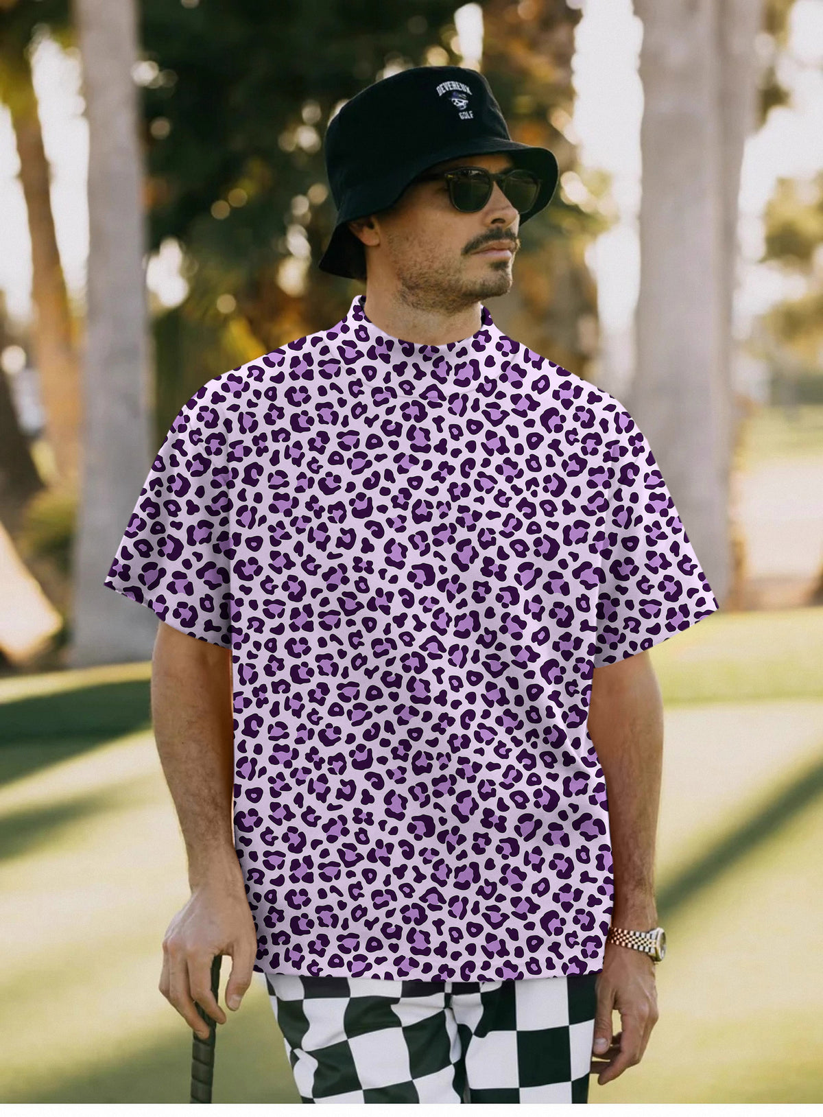 Men's pink leopard print Mock Neck Long/Short Sleeve Golf Tops