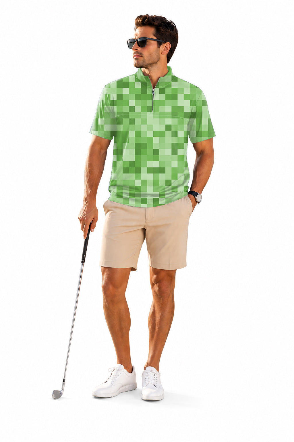 Men's Short Sleeve Quarter Zip Golf Pullover   Light Green  Pixel-Big Embroidery