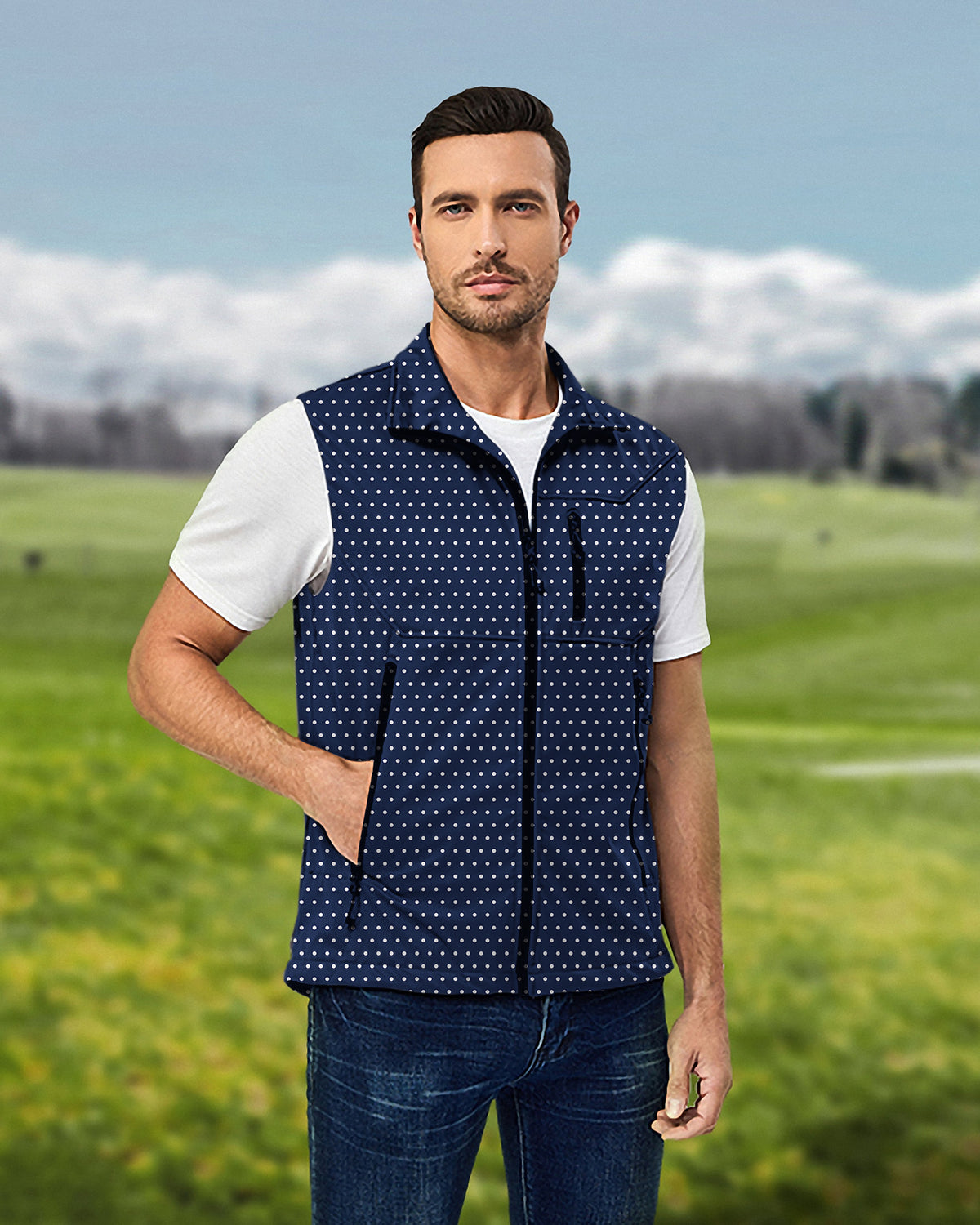 Men's Navy blue with white polka dots Lightweight Softshell Vest Sleeveless Jacket for Golf Windproof Waterproof