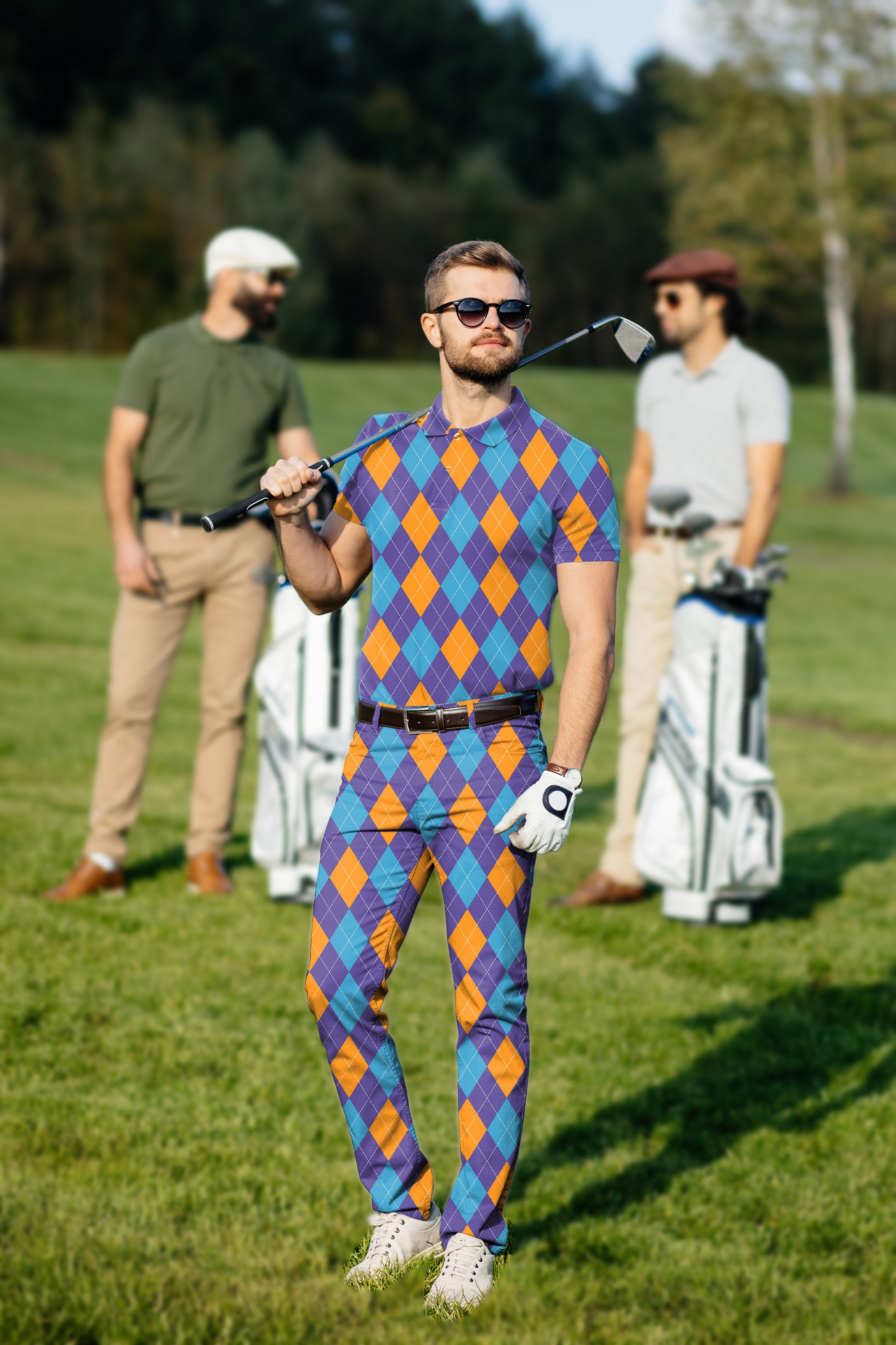 Men's Golf Set Polo+Pants Purple orange blue Argyle