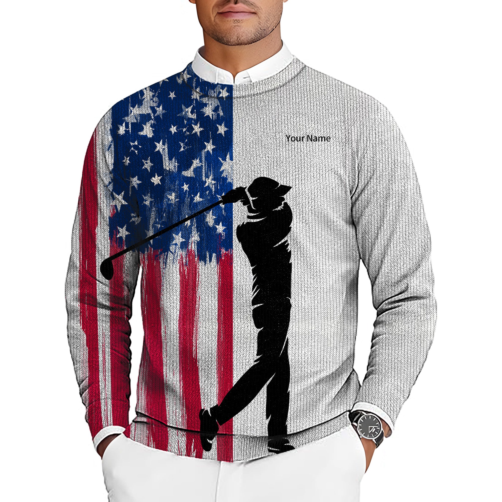 Personalized embroidery Your Name American Flag Men's Golf Crewneck Pullover Sweaters Ugly Sweater