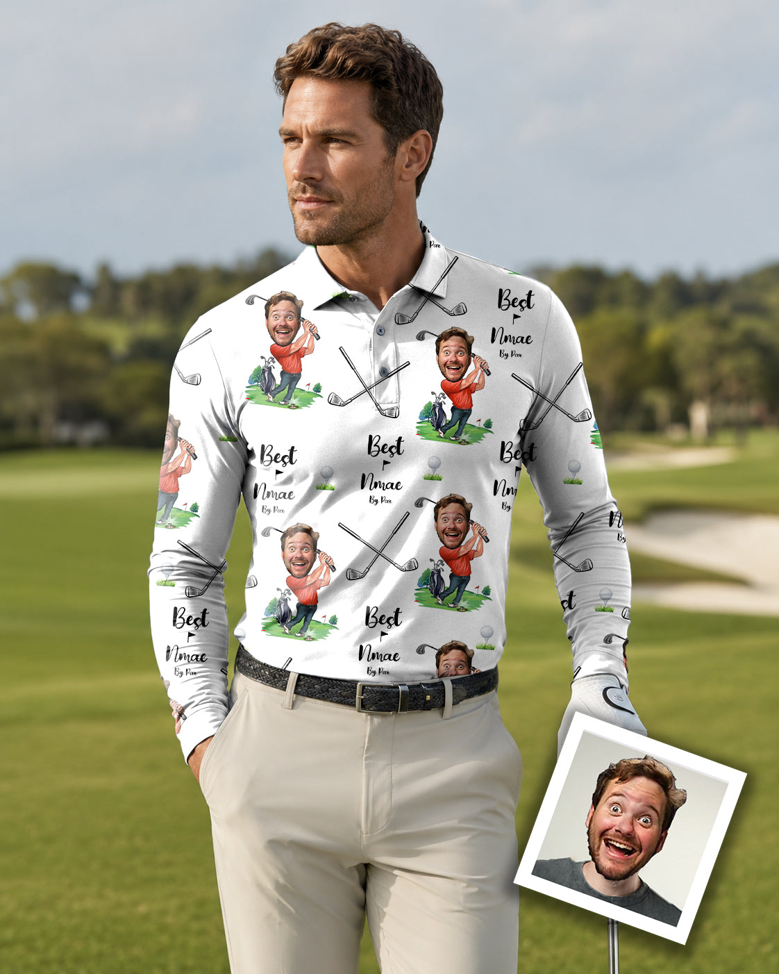 Men's Custom Photo Face & Your Name Long-sleeved Polo