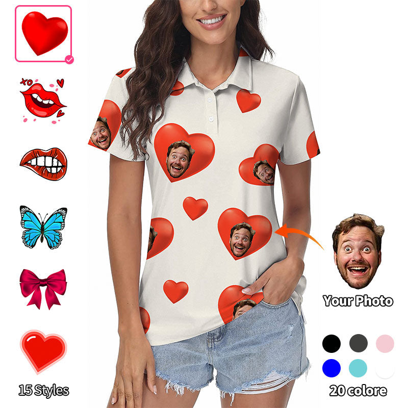 Valentine's Day custom photo face white women's golf polo with heart pattern and personalized faces, moisture-wicking, UPF 40+, classic fit