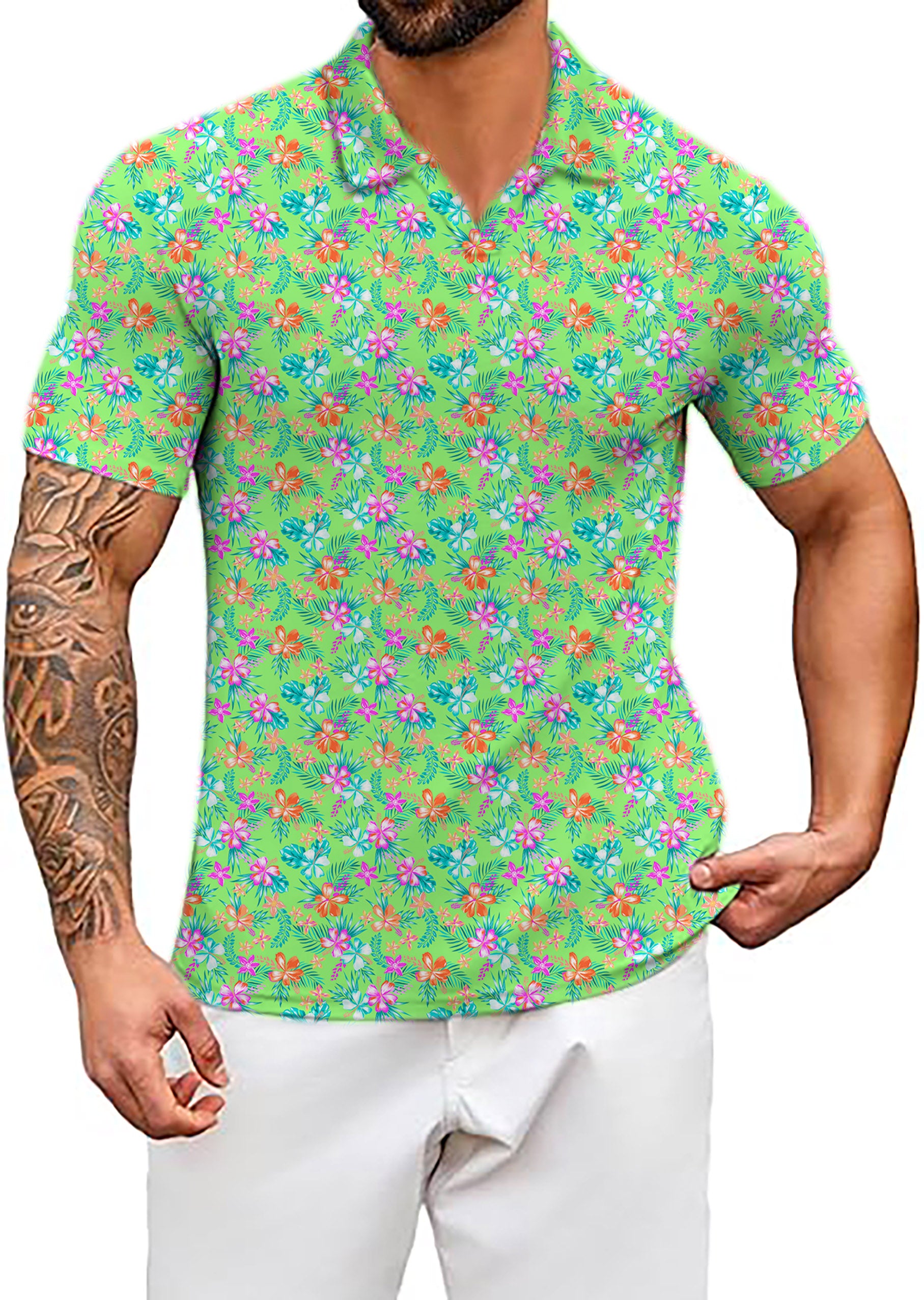 Men's Vibrant Blossom V Neck Golf Polo Shirts