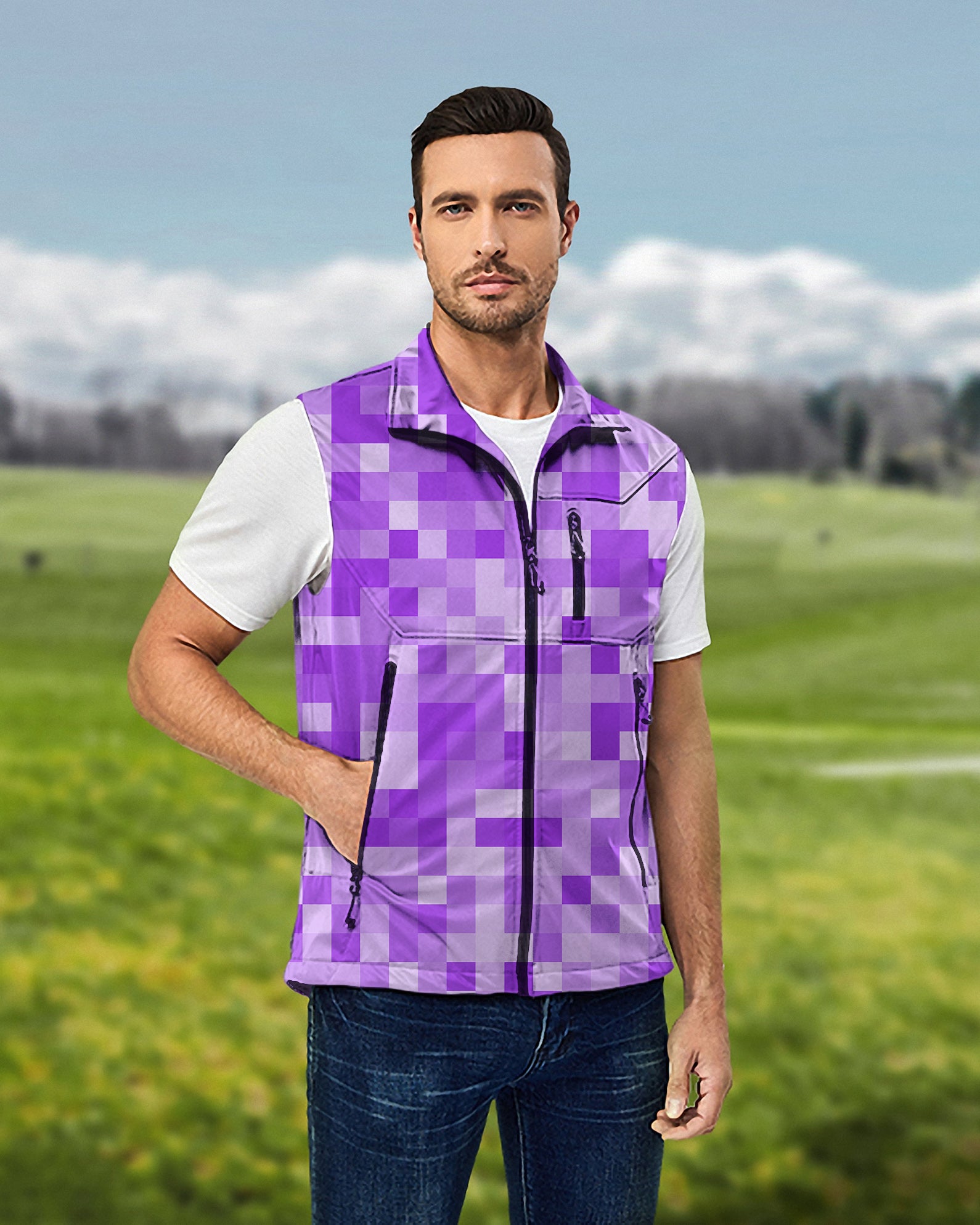 Men's Purple Pixel Big Lightweight Softshell Vest Sleeveless Jacket for Golf Windproof Waterproof