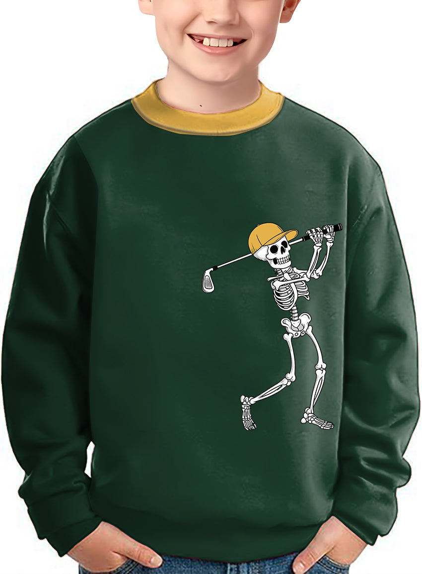 Yellow Green Halloween Skeleton Golf Crewneck Pullover Kids Ugly Sweater