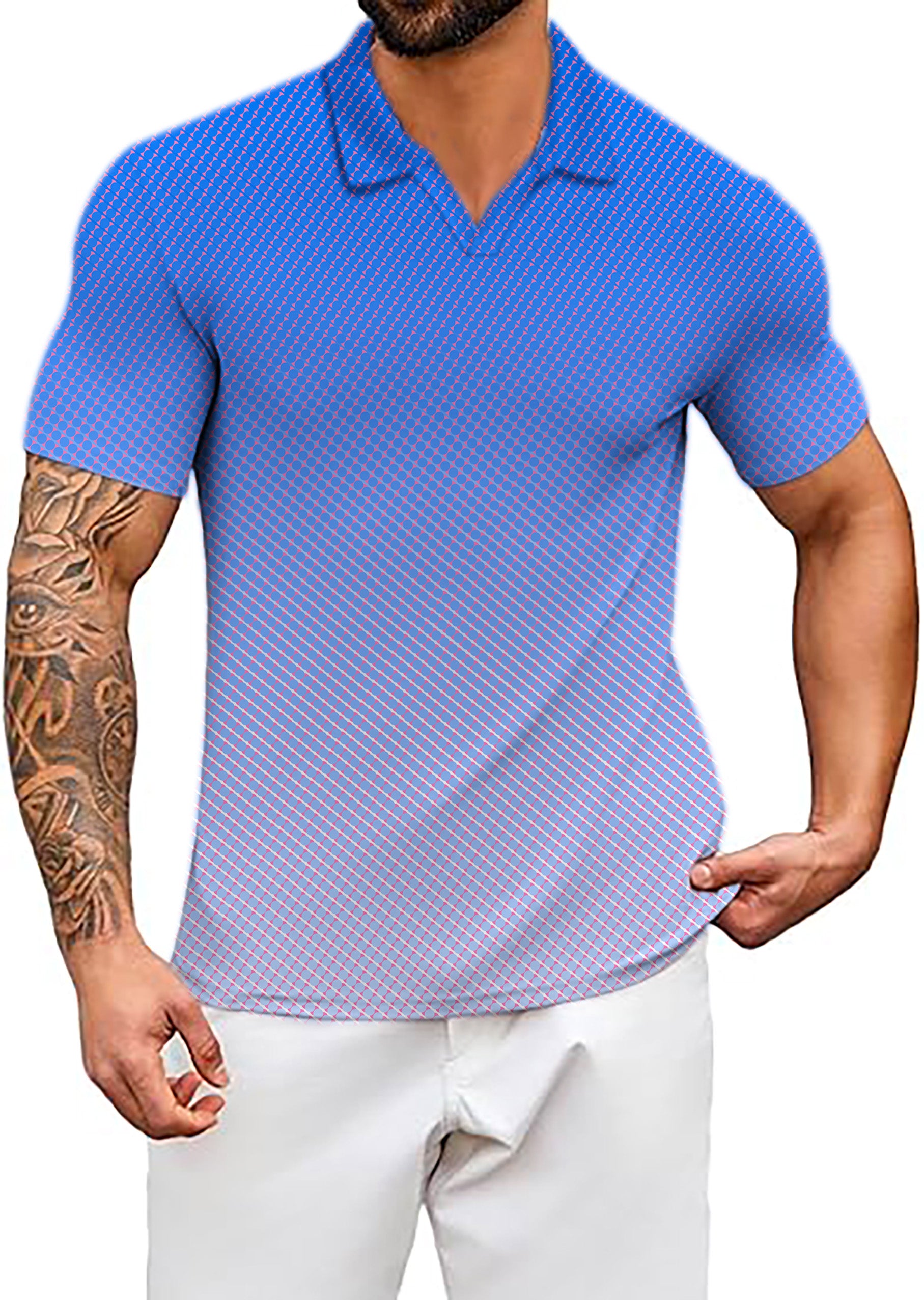Men's Blue Gradient V Neck Golf Polo Shirts