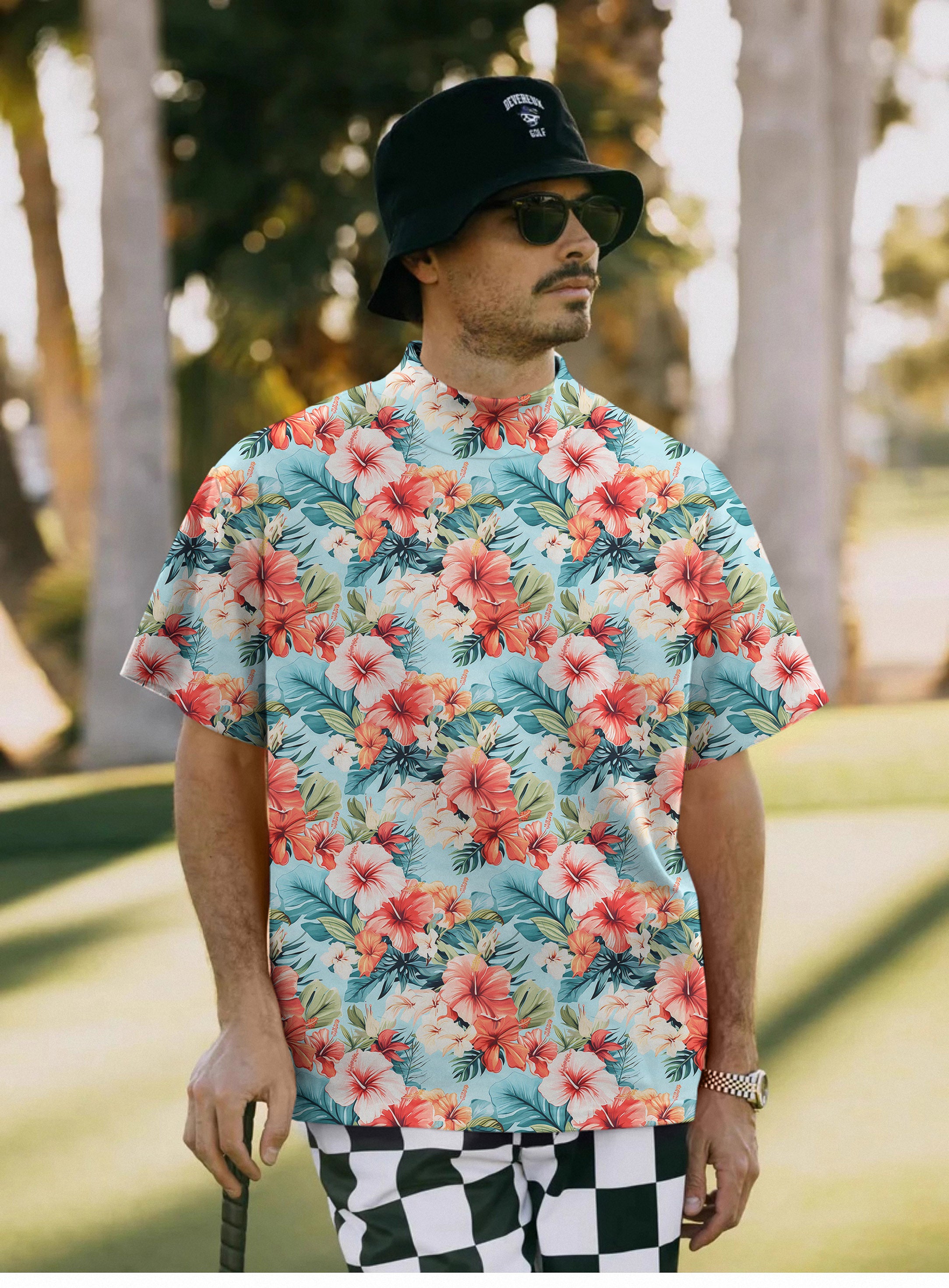 Men's Hawaiian Flowers Pullover High neck Long/Short sleeve T-Shirt