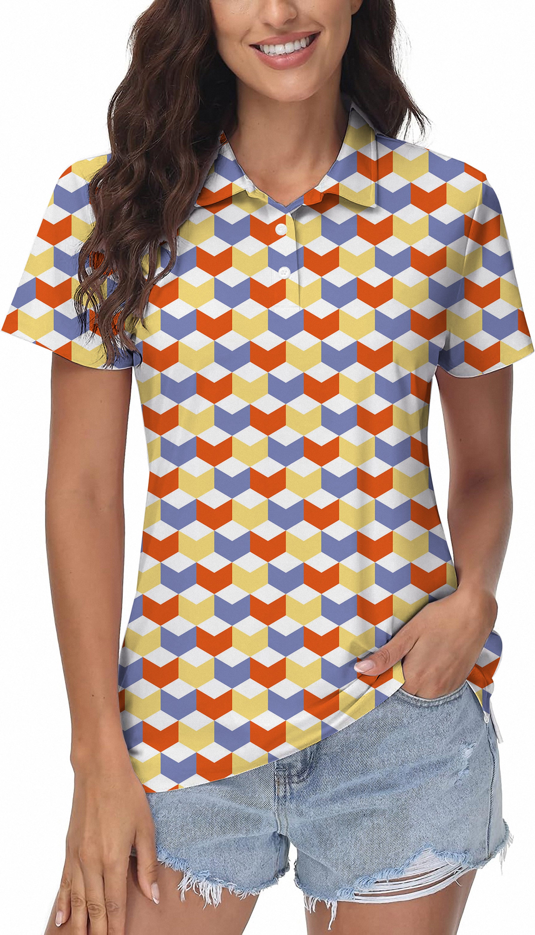 colorful 3d square box Women's Golf Polo