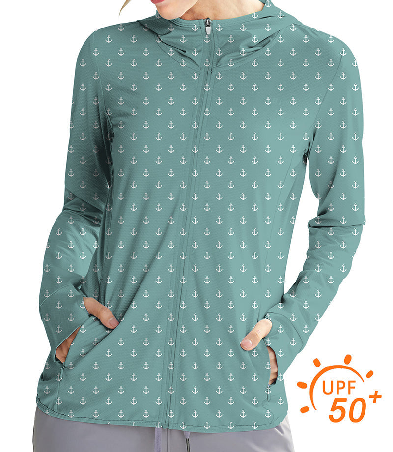 Women's outdoor green blue anchor golf sun protection slim fit zip hoodie with UPF 50+ fabric