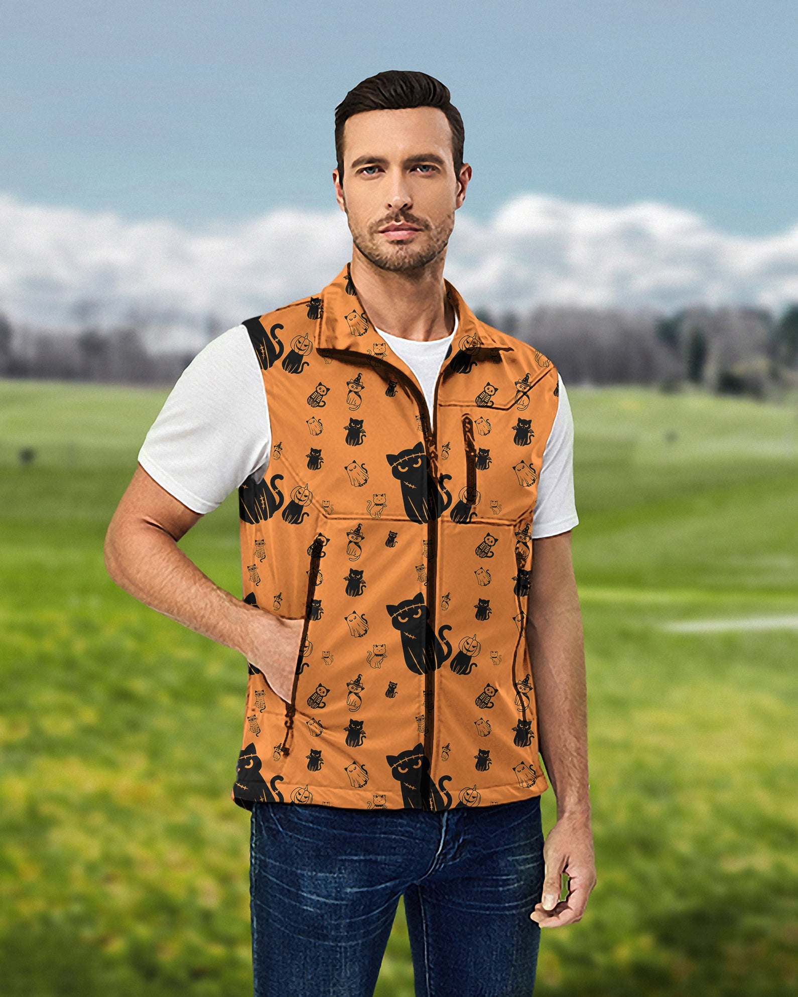 Men's Halloween Cute Cat Custom The Background Color Lightweight Softshell Vest Sleeveless Jacket for Golf Windproof Waterproof