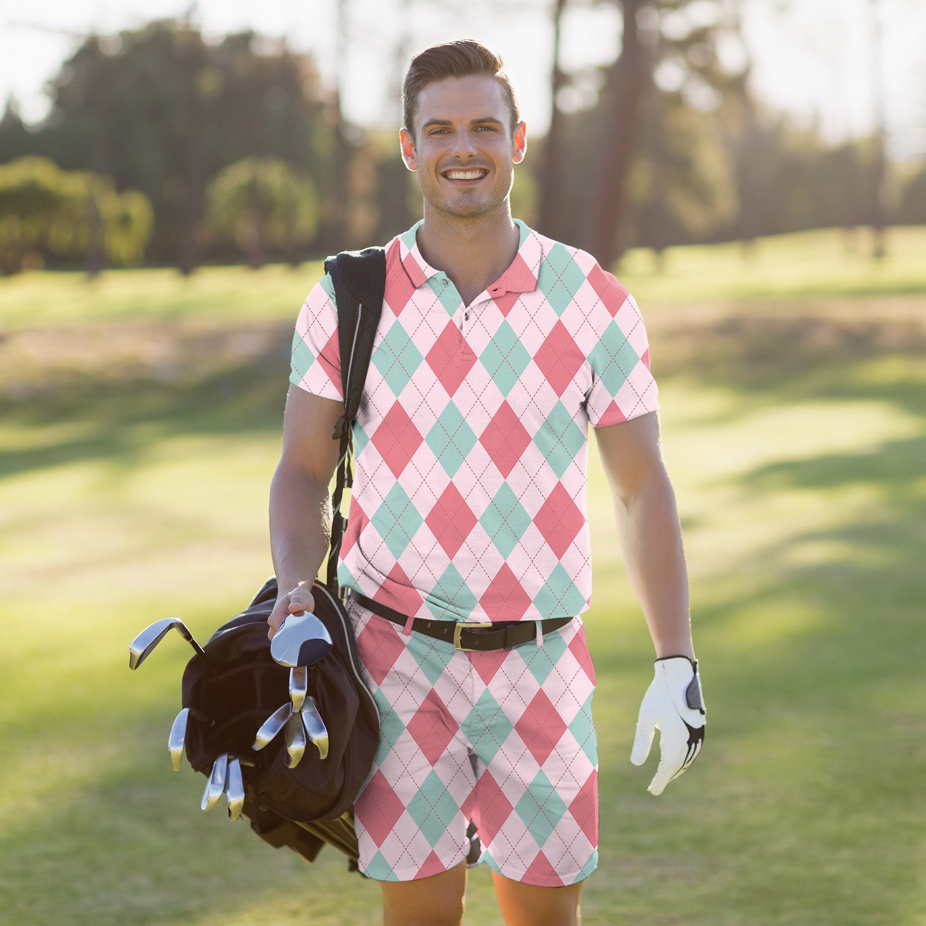 Men's Golf Set Polo+Shorts pink Argyle