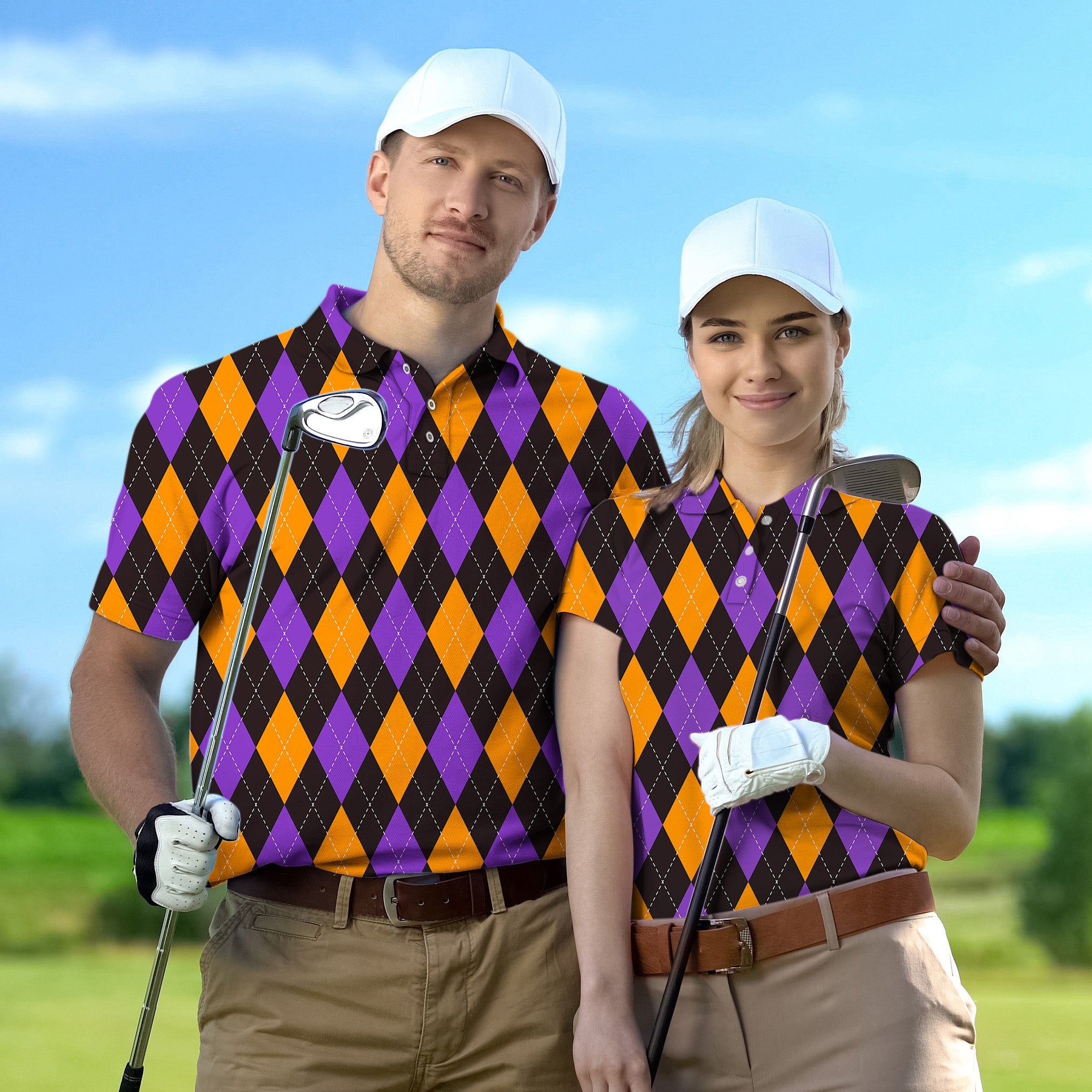 Couple Orange purple and black argyle set Golf Championship Trophy tournament