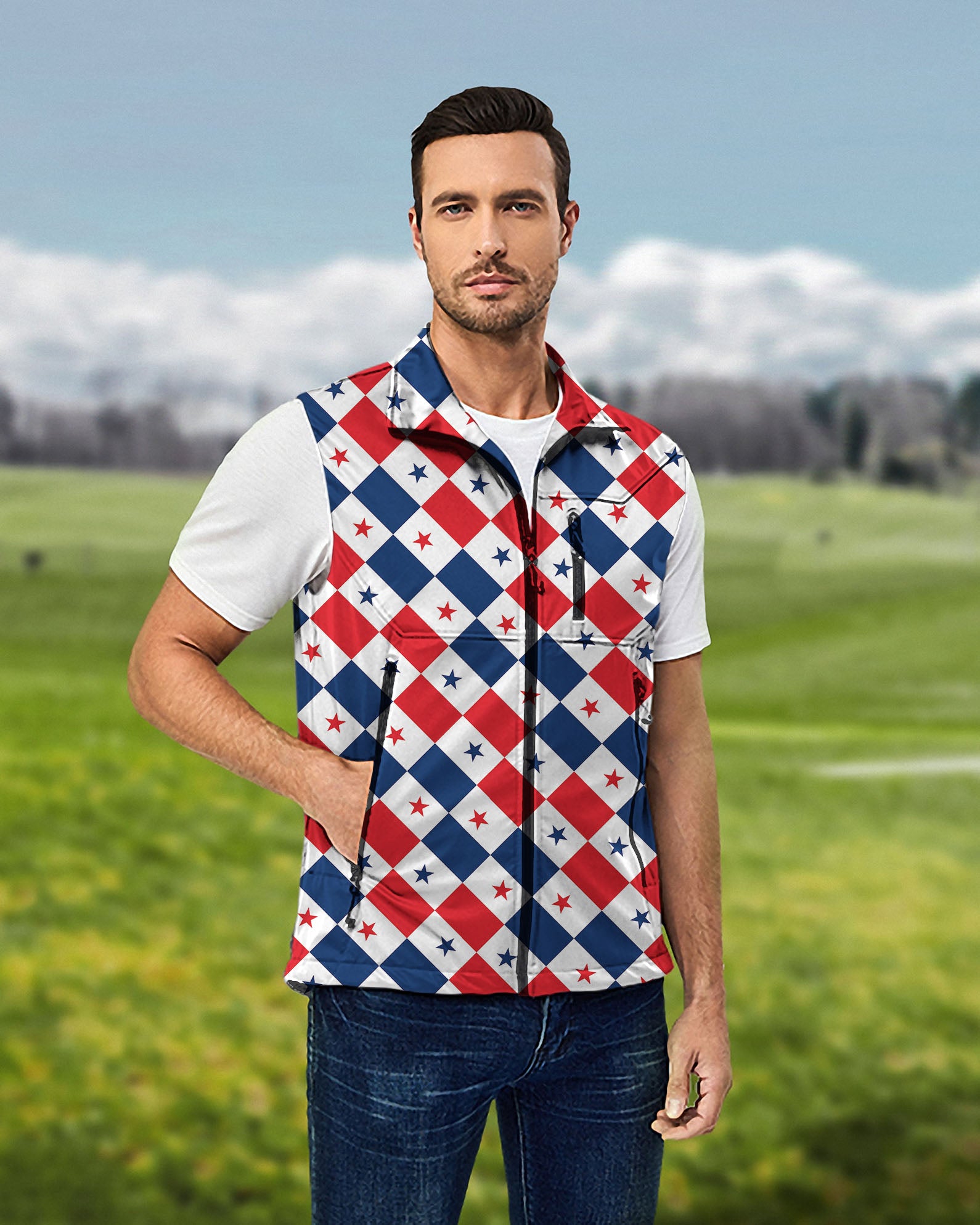 Men's Argyle US Star flag Lightweight Softshell Vest Sleeveless Jacket for Golf Windproof Waterproof