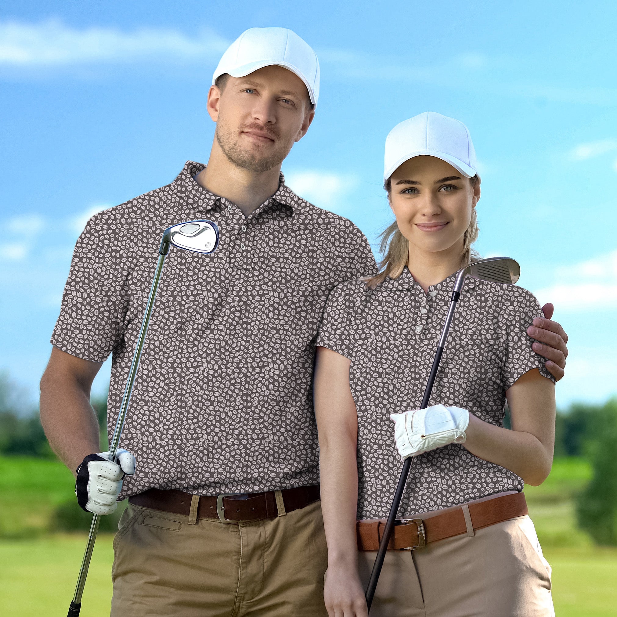 Couple wearing matching coffee bean print golf shirts with white caps on golf course
