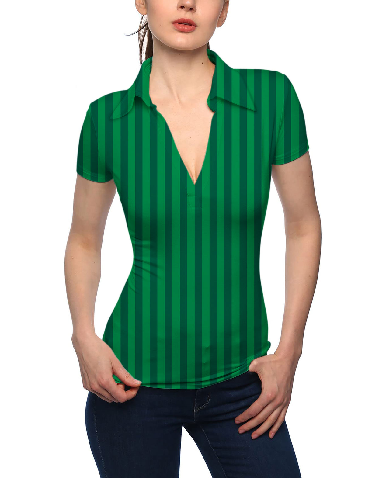 Women's Vertical stripes on a watermelon V Neck Golf Polo