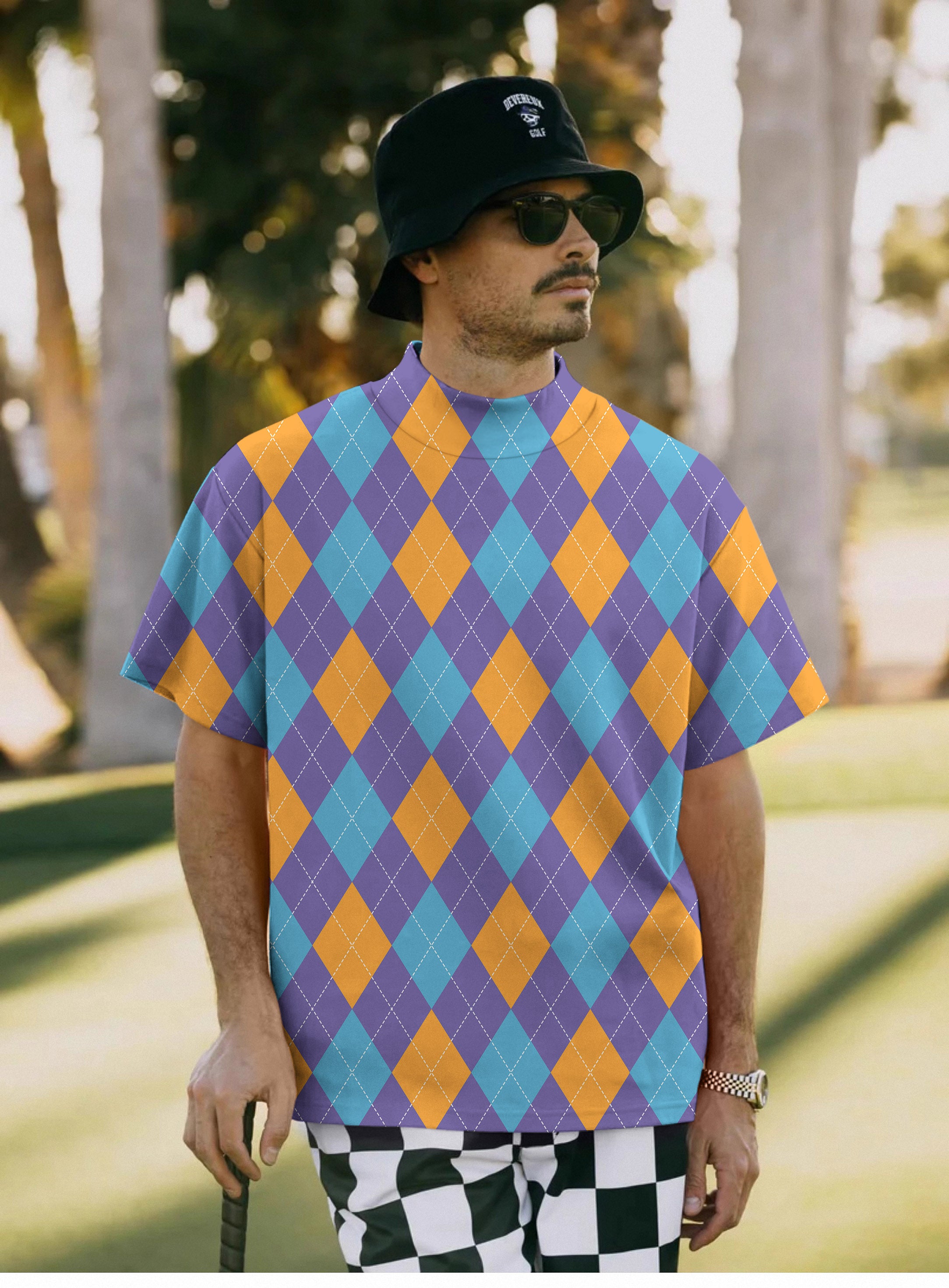 Men's Purple orange blue Argyle Pullover High neck Long/Short sleeve T-Shirt