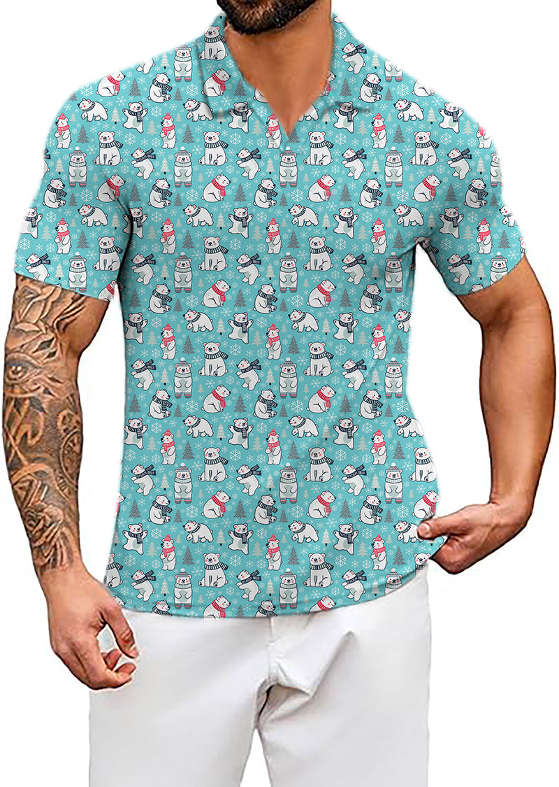 Men's Coconut Palm navy blue button-up shirt with white bear and ink dot print, classic fit, moisture-wicking fabric, and four-way stretch