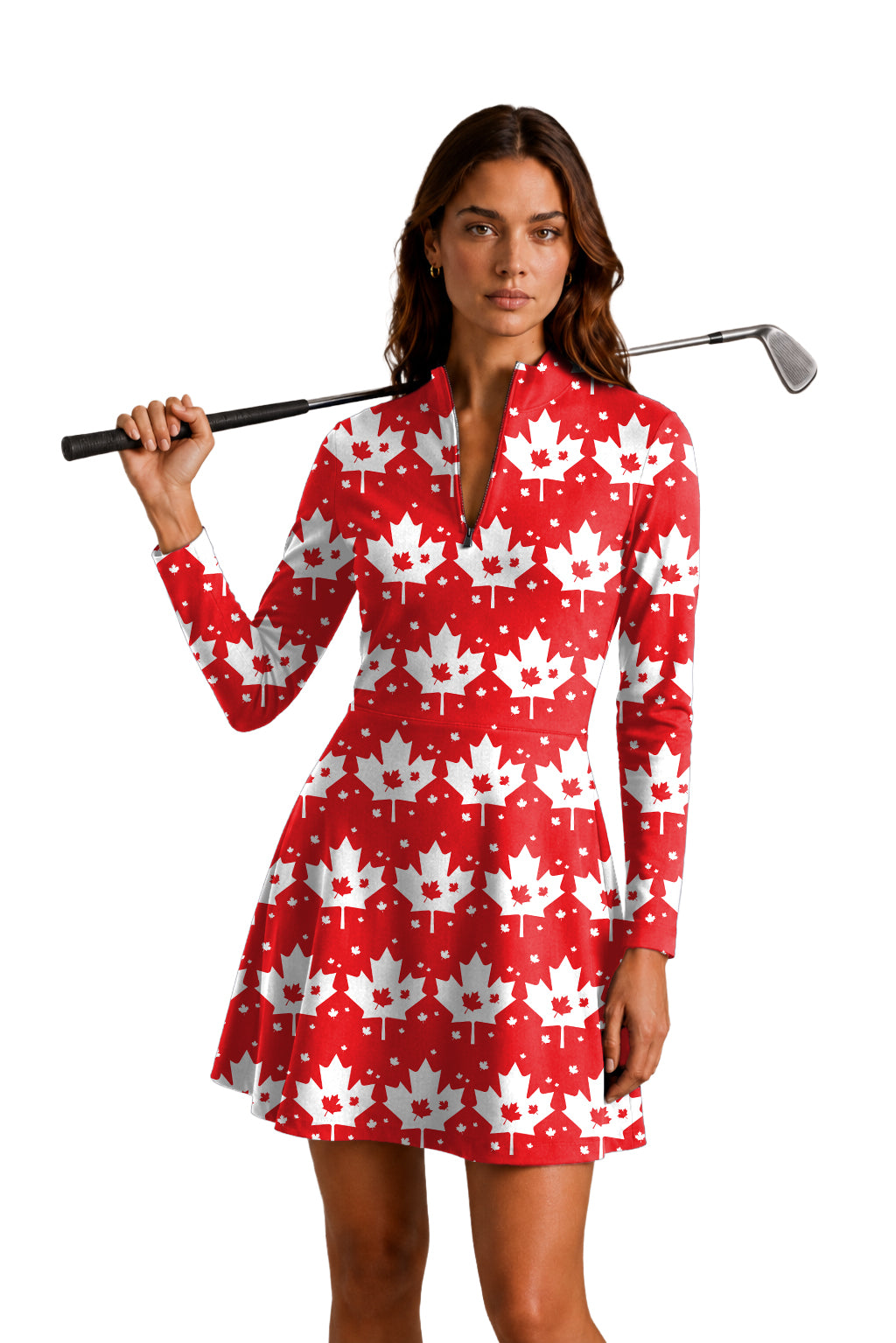Canadian Maple Leaf Women's Golf Long Sleeve Zipper Dresses Comes with separate matching shorts