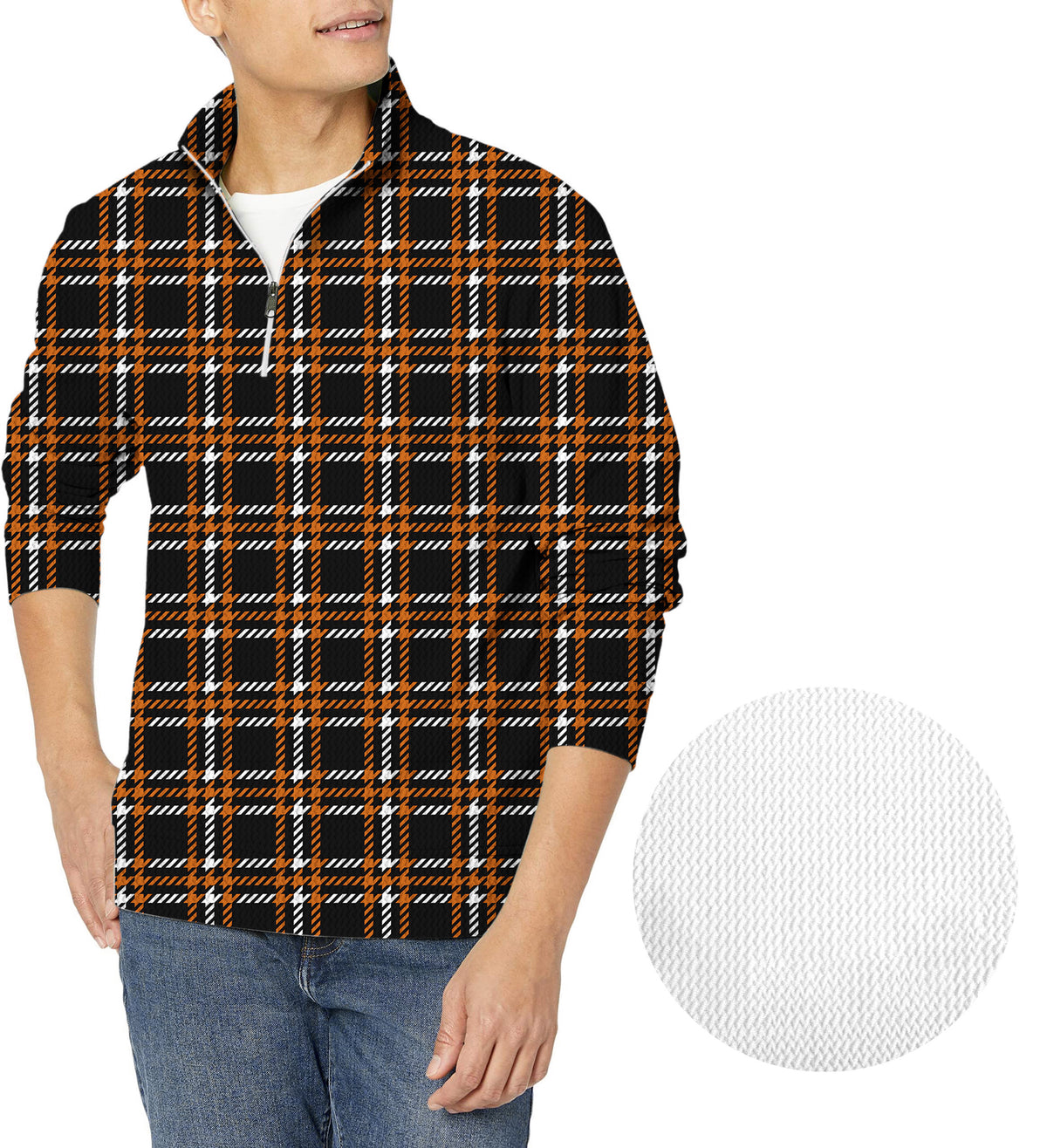 Halloween black yellow white grid Men's Golf Waffle Zipper Pullover