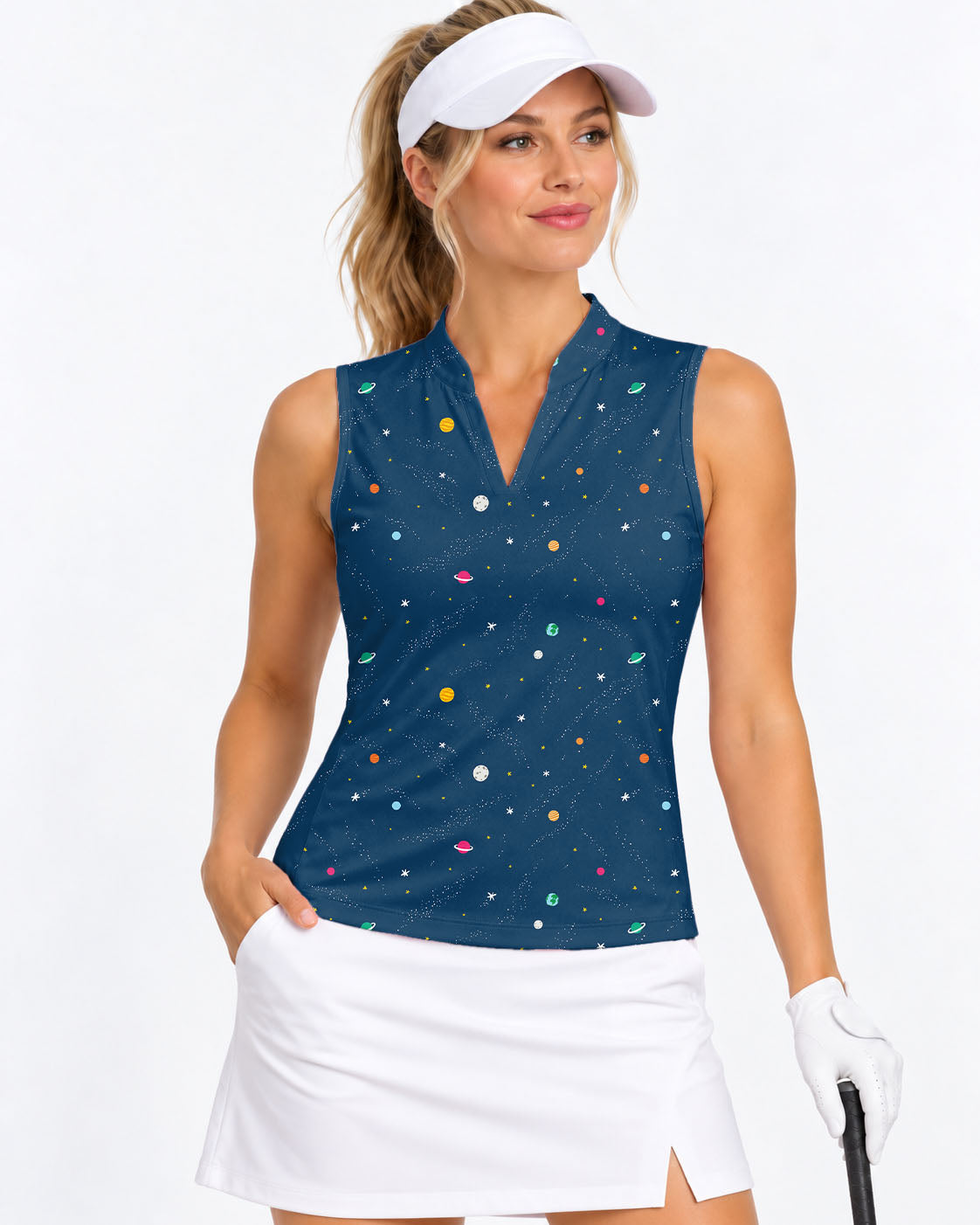 Space Women's V Notch Mock Neck Sleeveless Golf Athletic Blouse