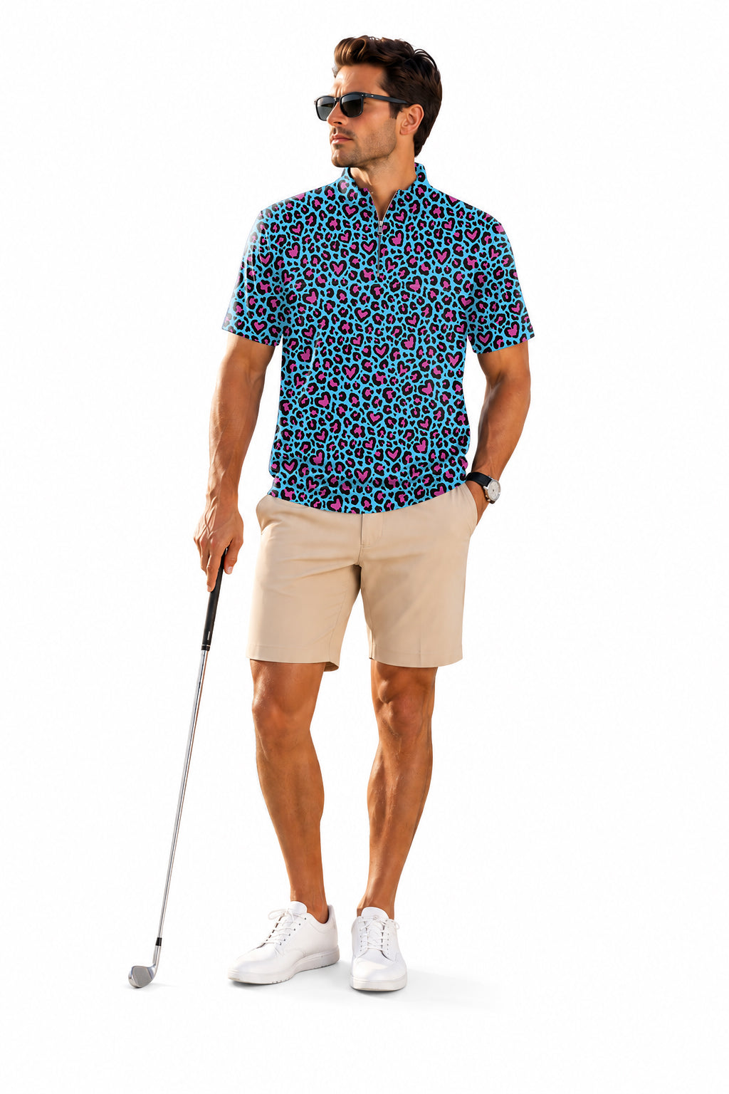 Men's Short Sleeve Quarter Zip Golf Pullover Pink leopard print