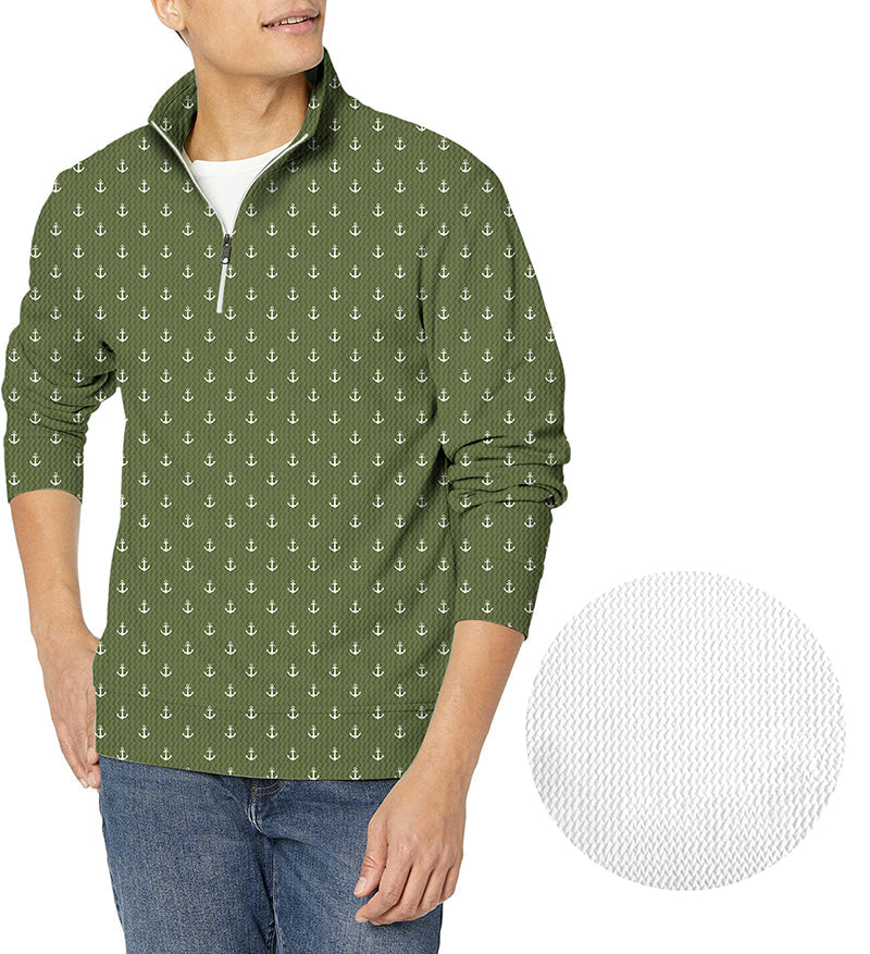 Olive green men's golf pullover with anchor pattern and waffle texture