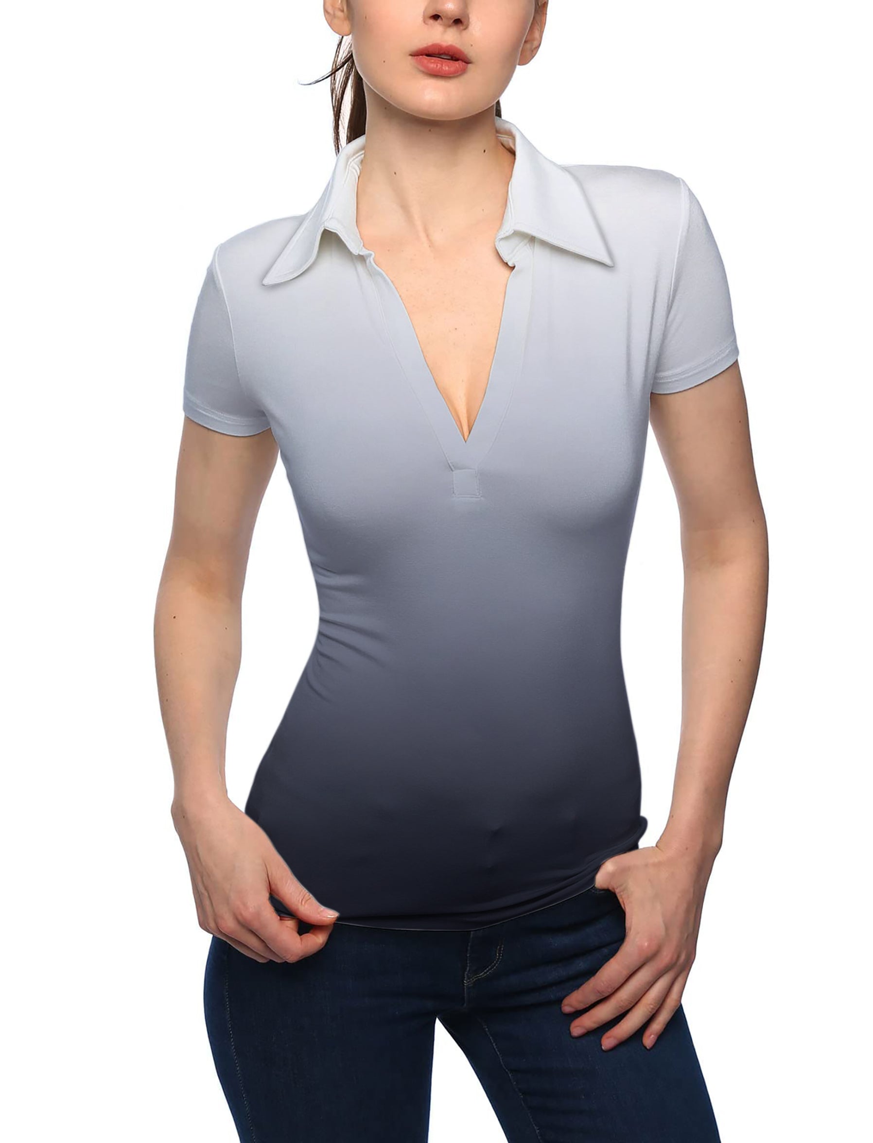 Women's Black And White Gradient V Neck Golf Polo